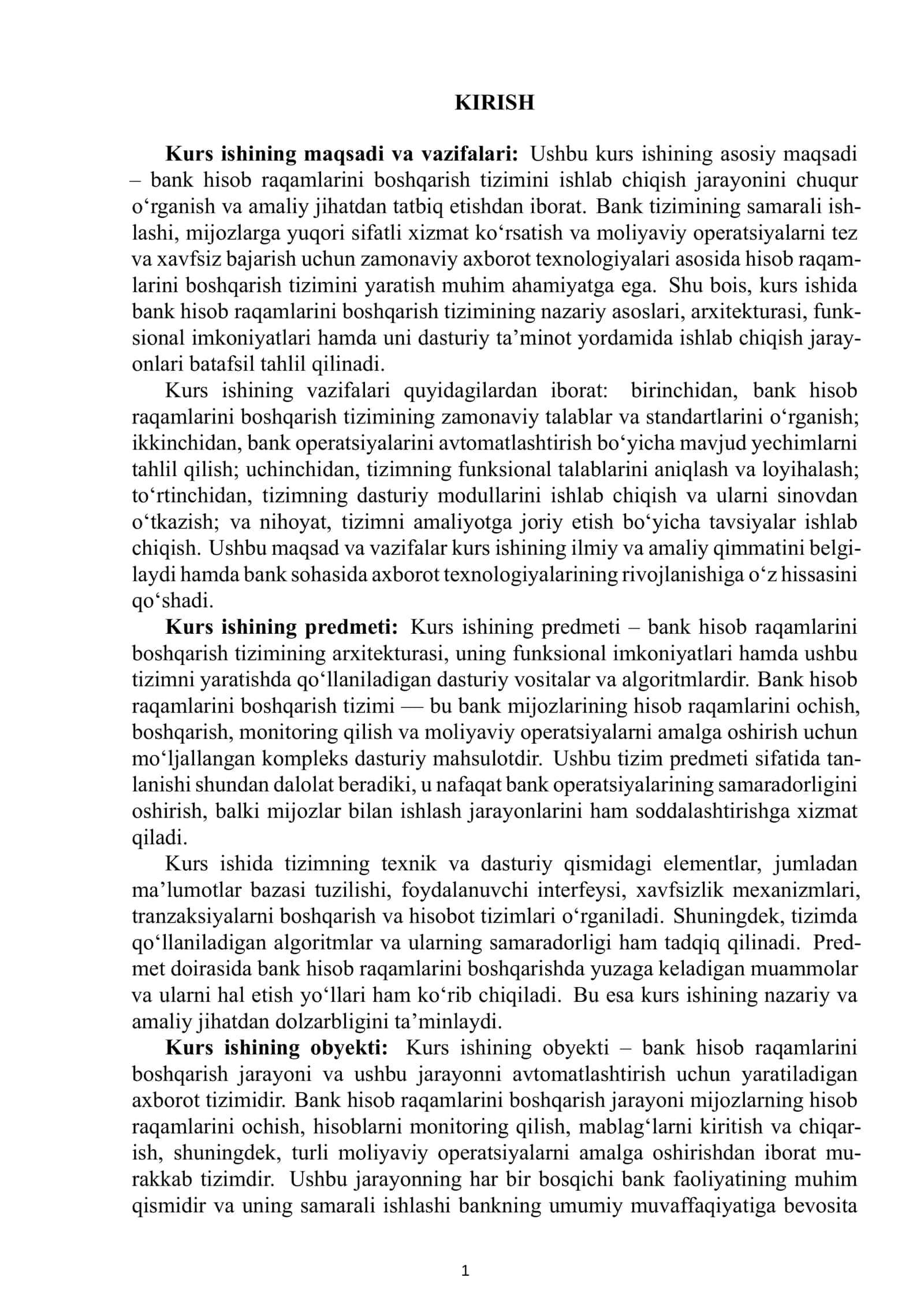 Bank hisob raqamlarini boshqarish tizimini ishlab chiqish kursi 2