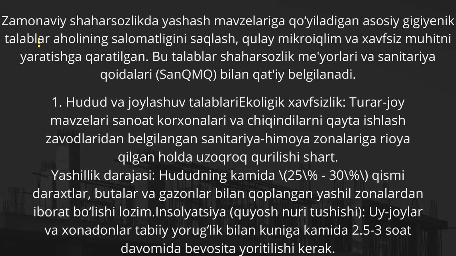 Zamonaviy turar-joylar va shaharlardagi yashash mavzelariga bo‘lgan gigiyenik talablar 2