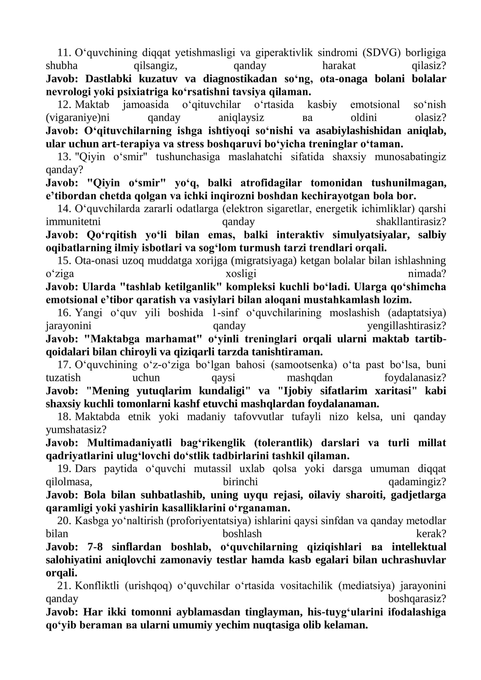 Maktab maslahatchisi lavozimi uchun suhbat savollari va javoblari (3-variant) 2
