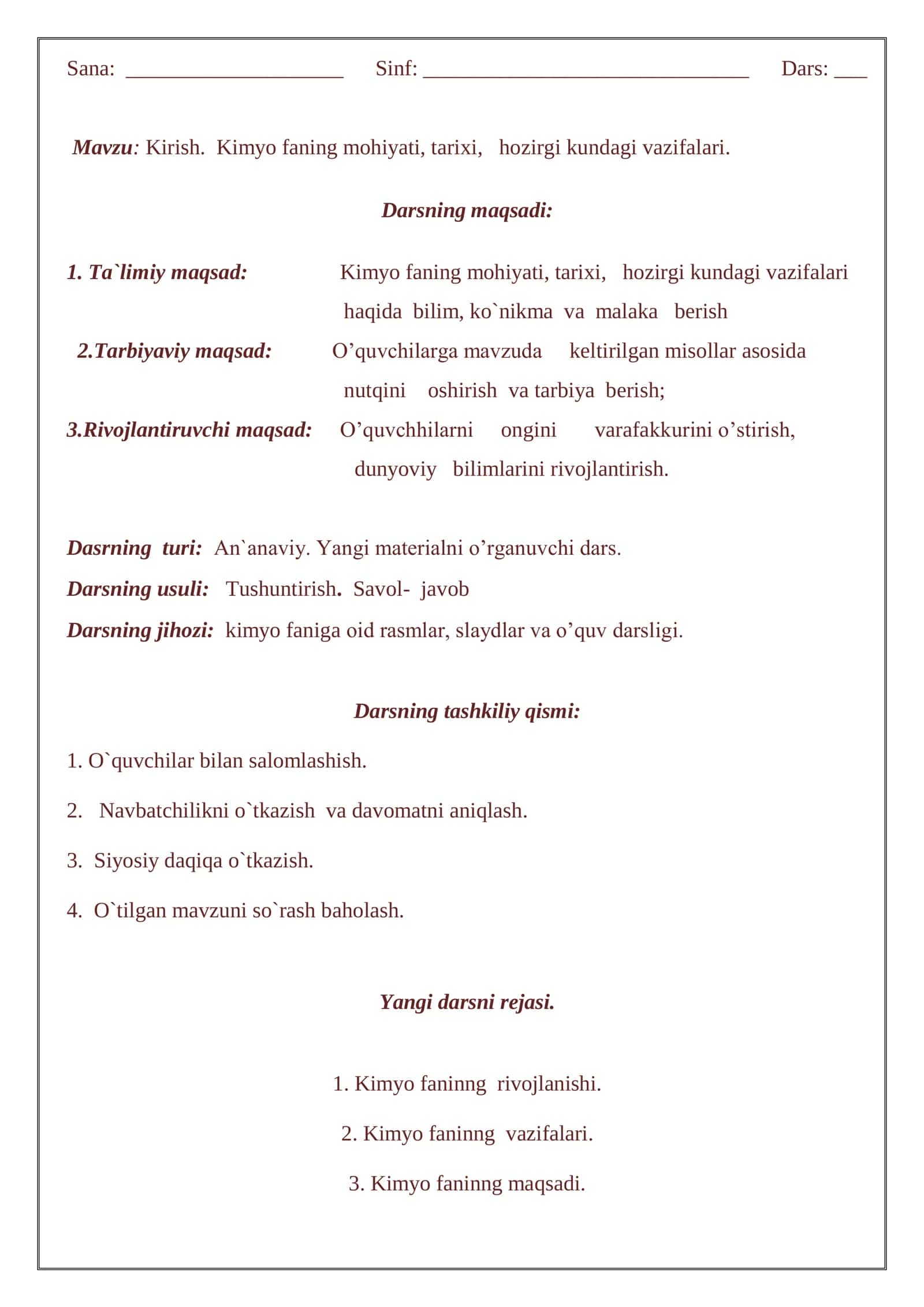Kimyo Fanining O`qitilishi 2