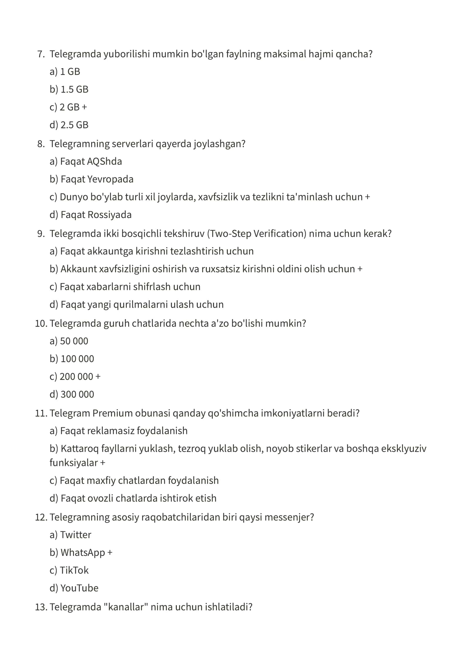 Telegram haqida test savollari 2