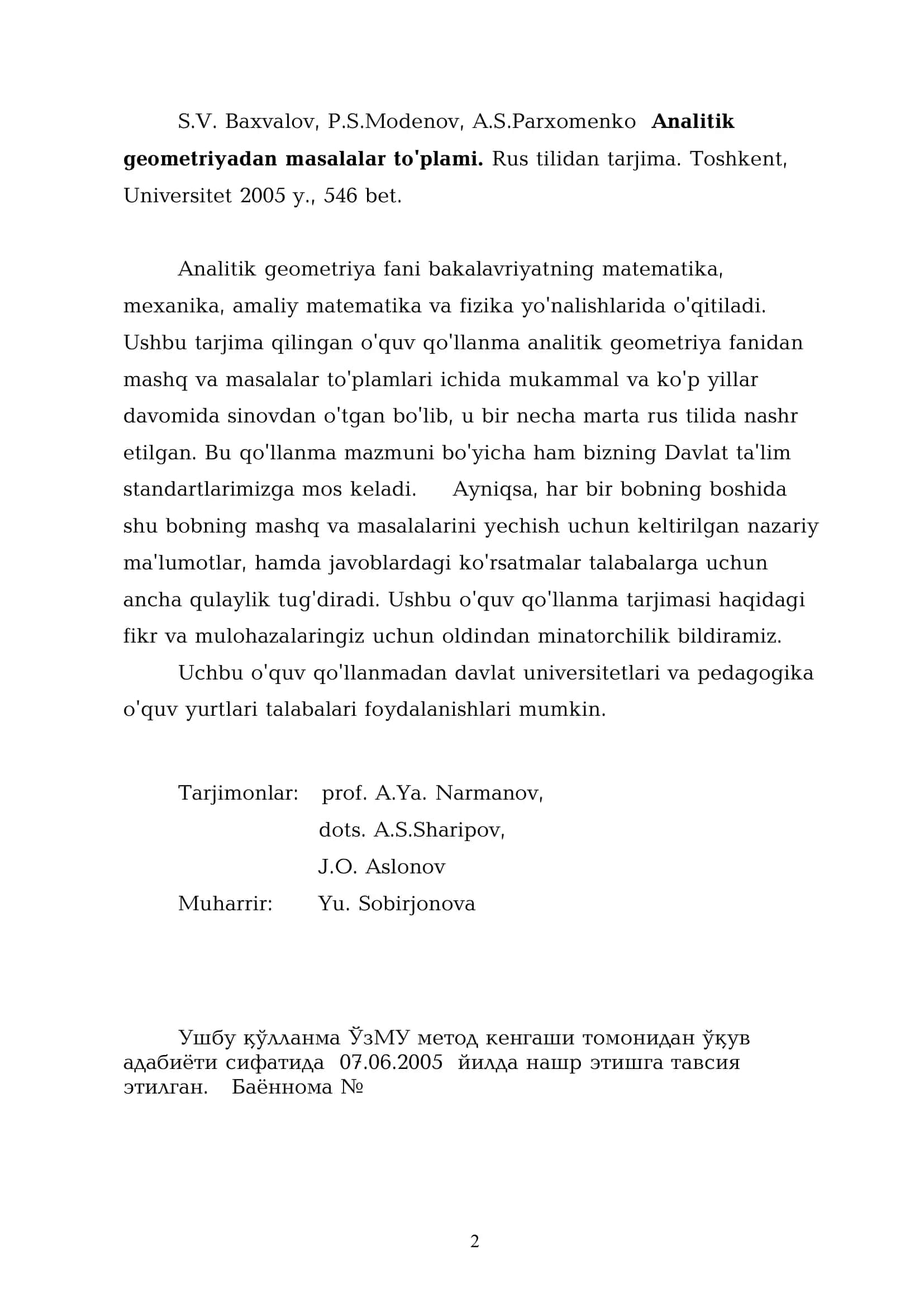 Analitik geometriyadan masalalar to'plami 2