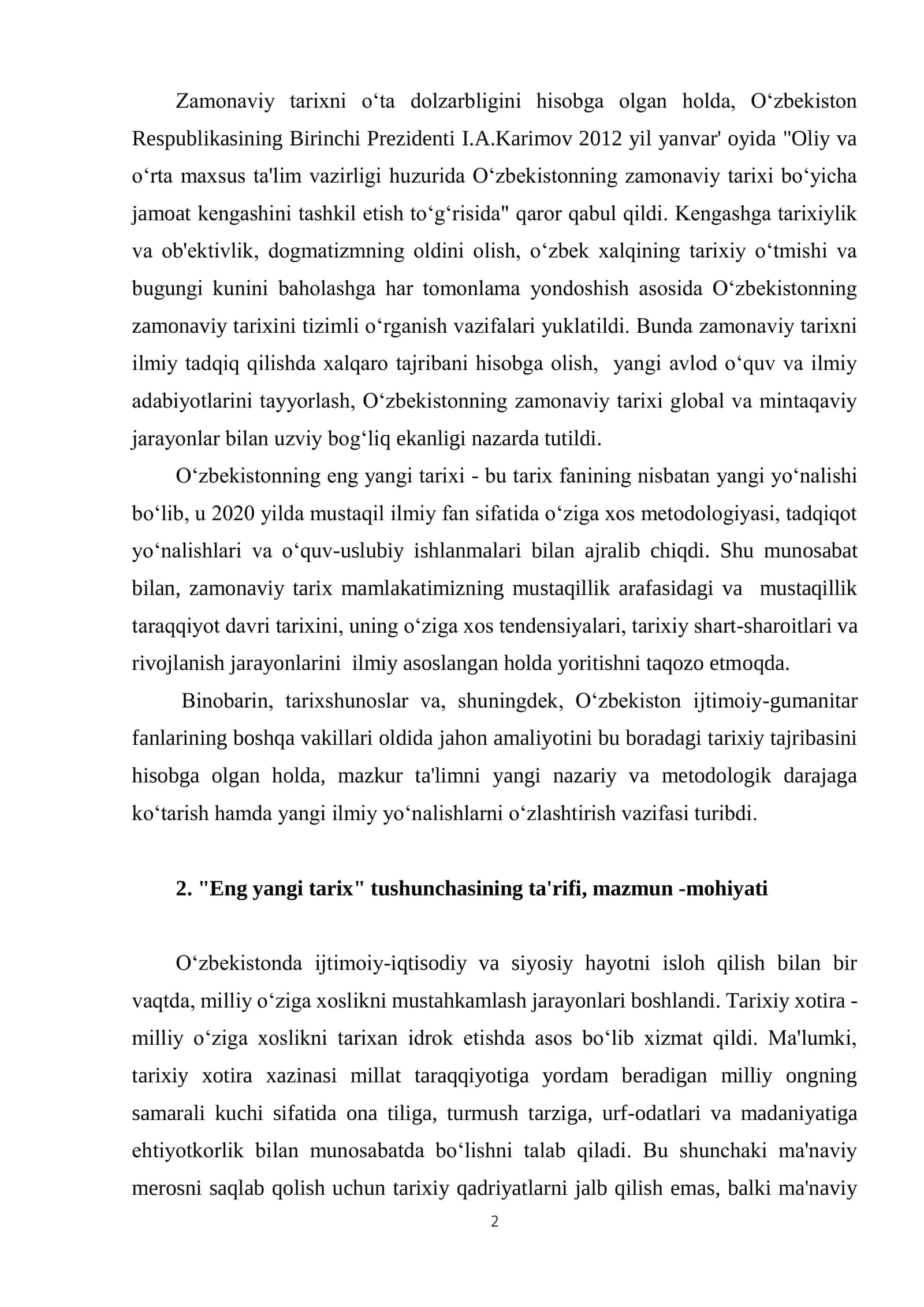 ”O‘zbekistonning eng yangi tarixi” o‘quv kursi 2