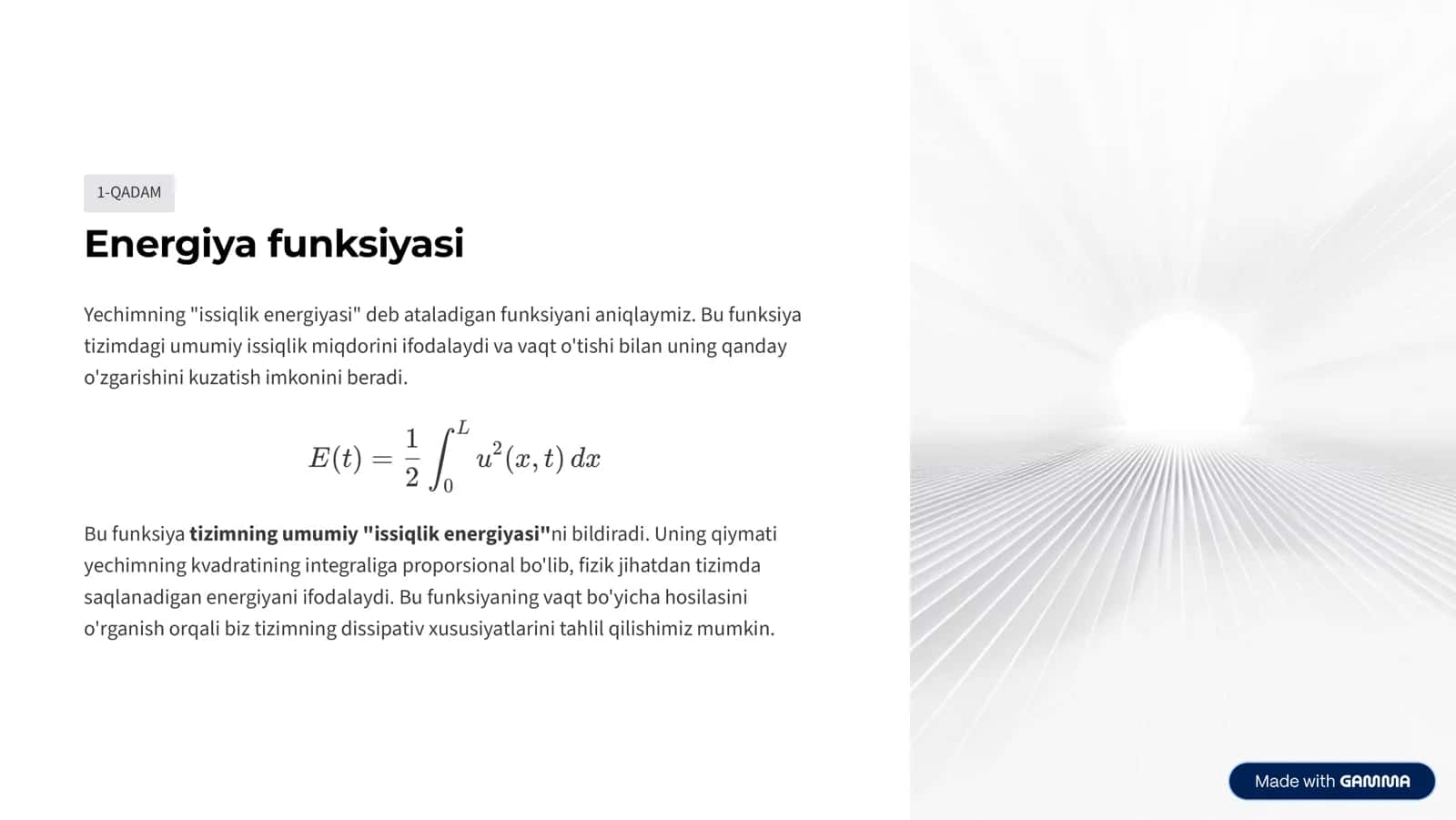 Issiqlik tenglamasi uchun energiyaviy baholar (taqdimot) 2
