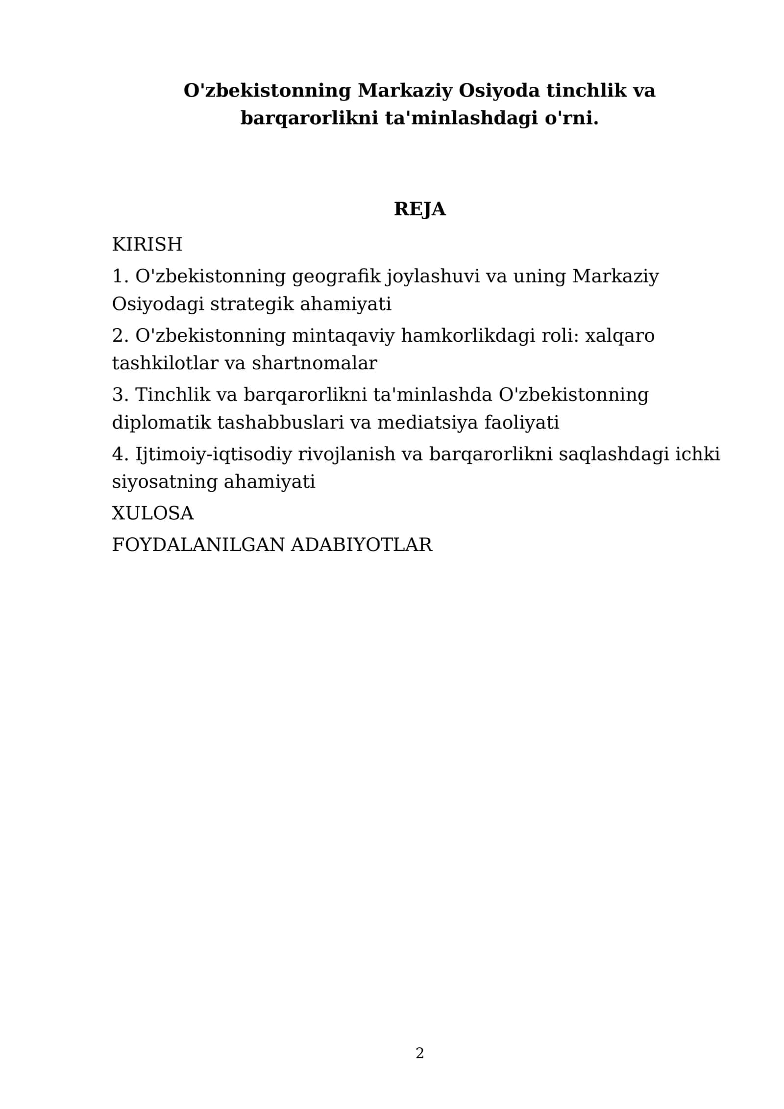O'zbekistonning eng yangi tarixi fanidan tayyorlagan referati 2
