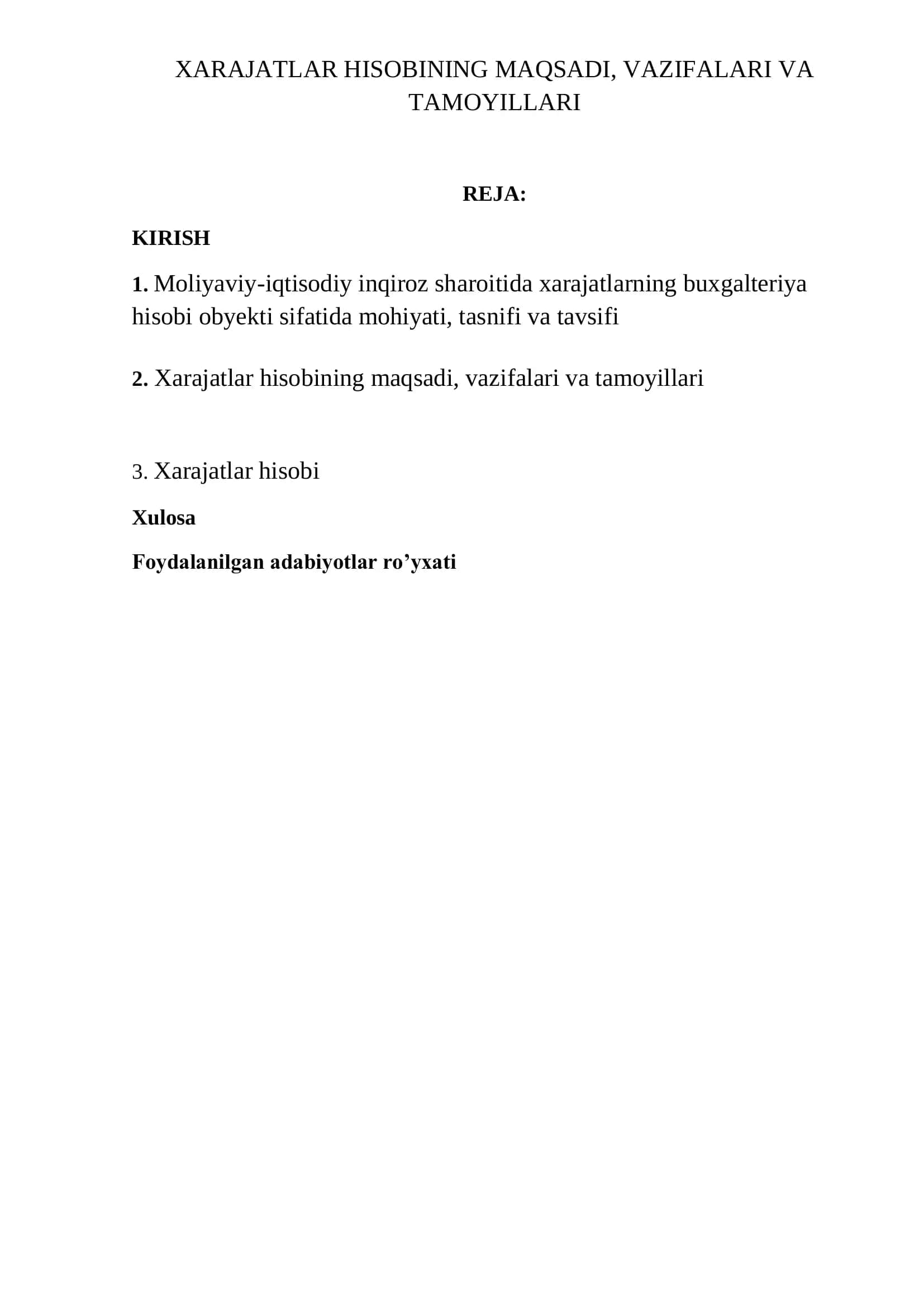 XARAJATLAR HISOBINING MAQSADI, VAZIFALARI VA TAMOYILLARI 2
