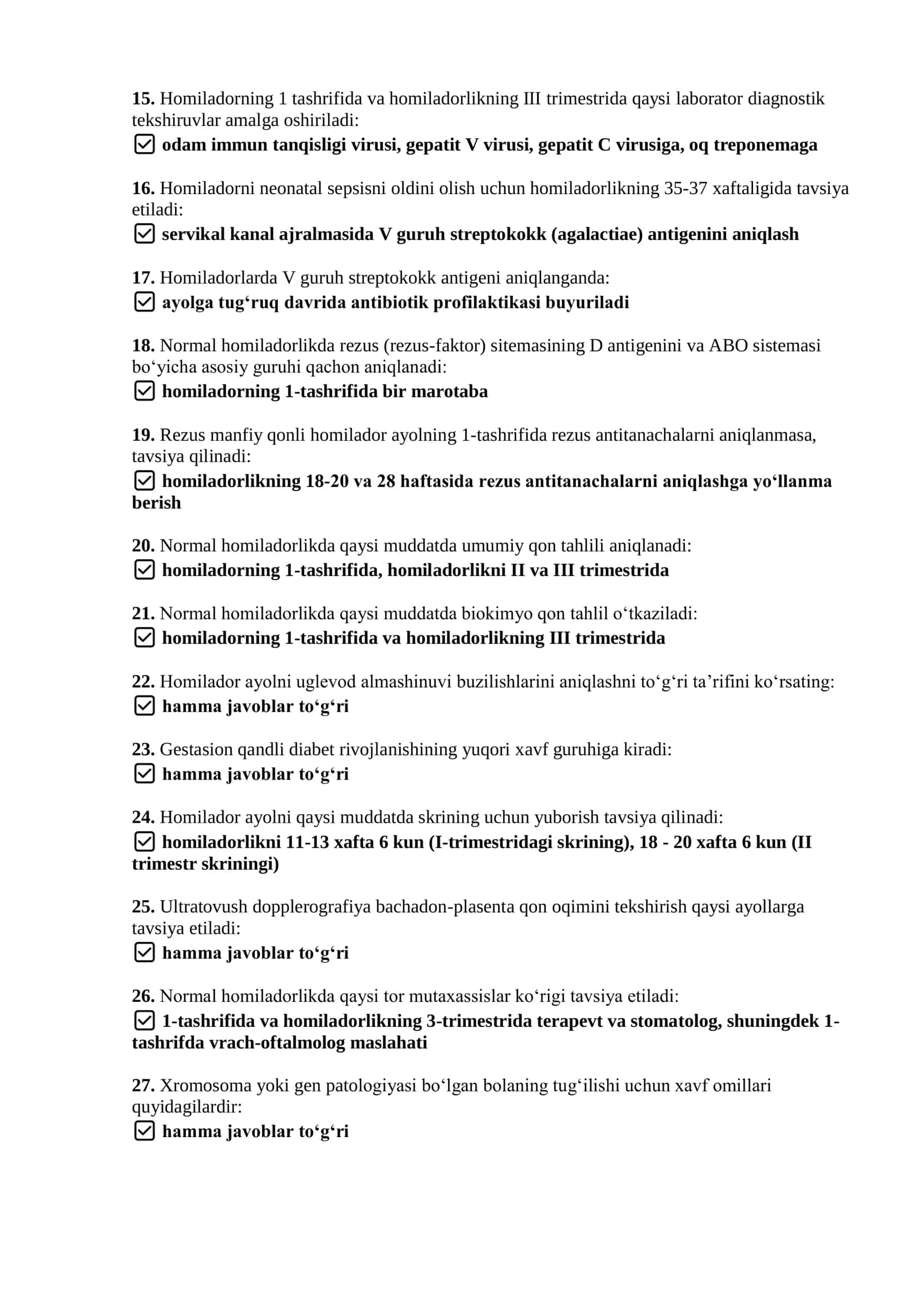 Argos test savollari javoblari bilan. Akusherlik va ginekologiya 2