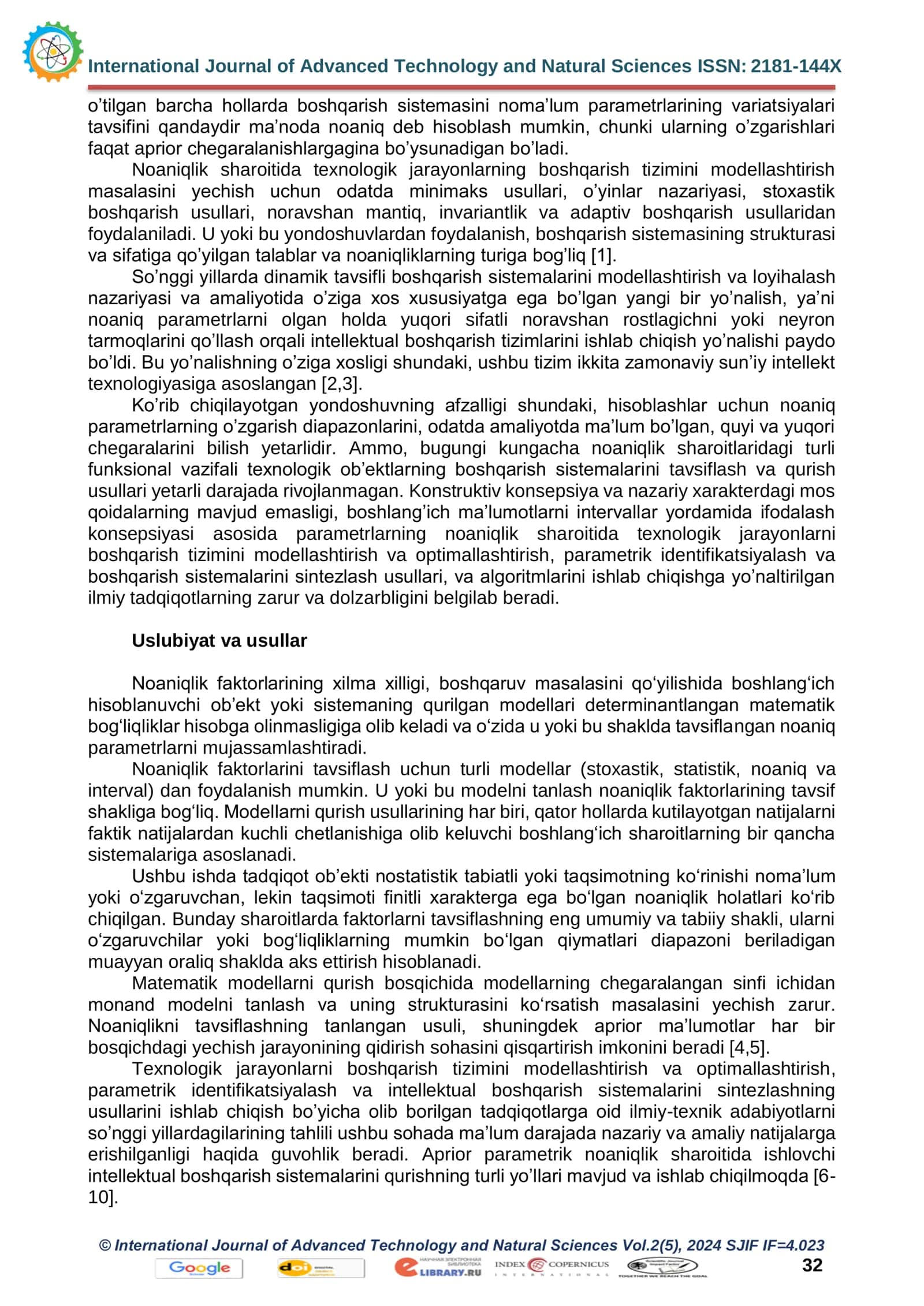 NOANIQLIK SHAROITIDA TEXNOLOGIK JARAYONLARNING INTELLEKTUAL BOSHQARISH TIZIMLARINI KOMPYUTERLI MODELLASHTIRISH 2