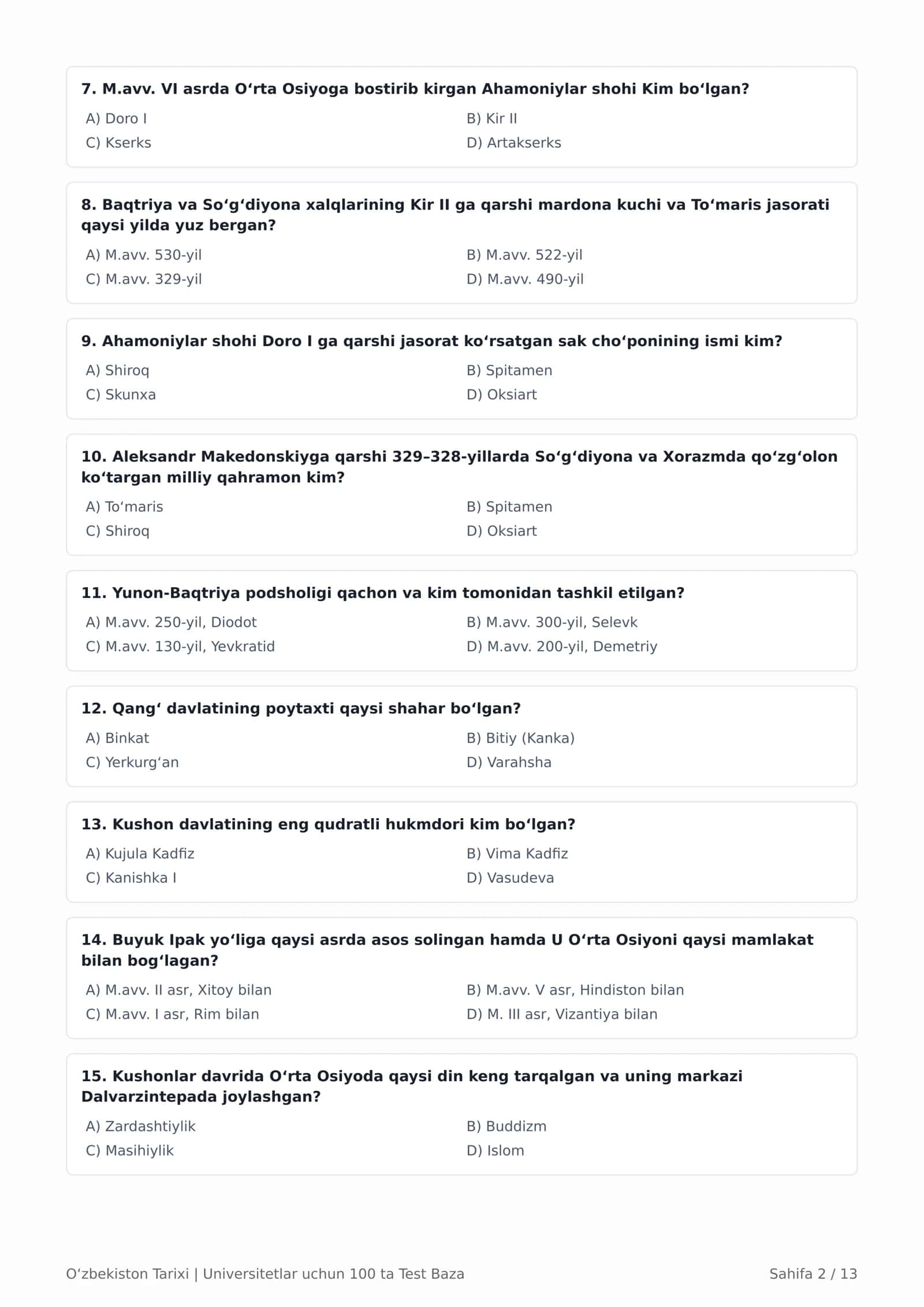 O'zbekiston tarixi  100 ta test to'plami 2