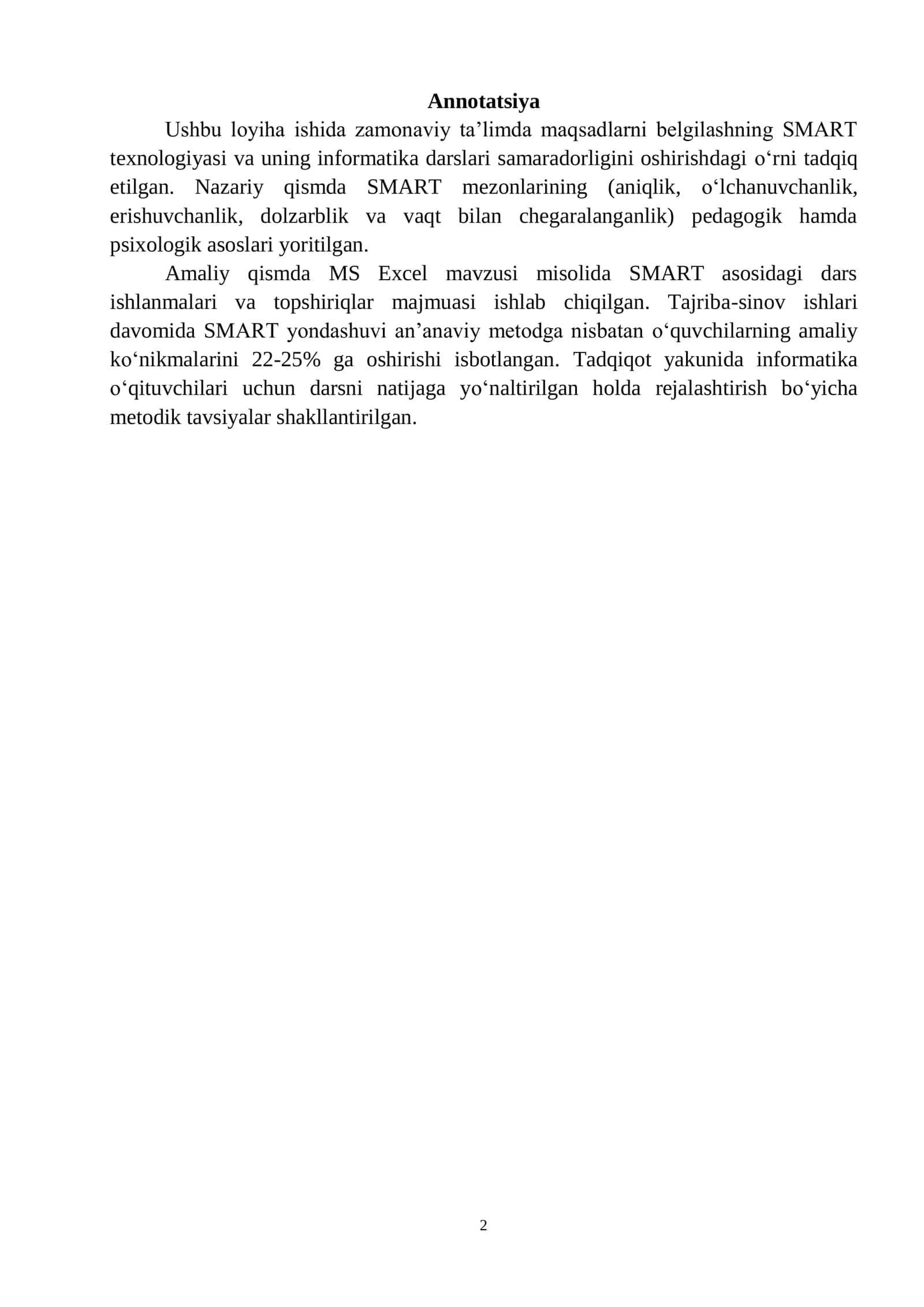 “SMART yondashuvi asosida darslarni rejalashtirish” mavzusida LOYIHA ISHI 2
