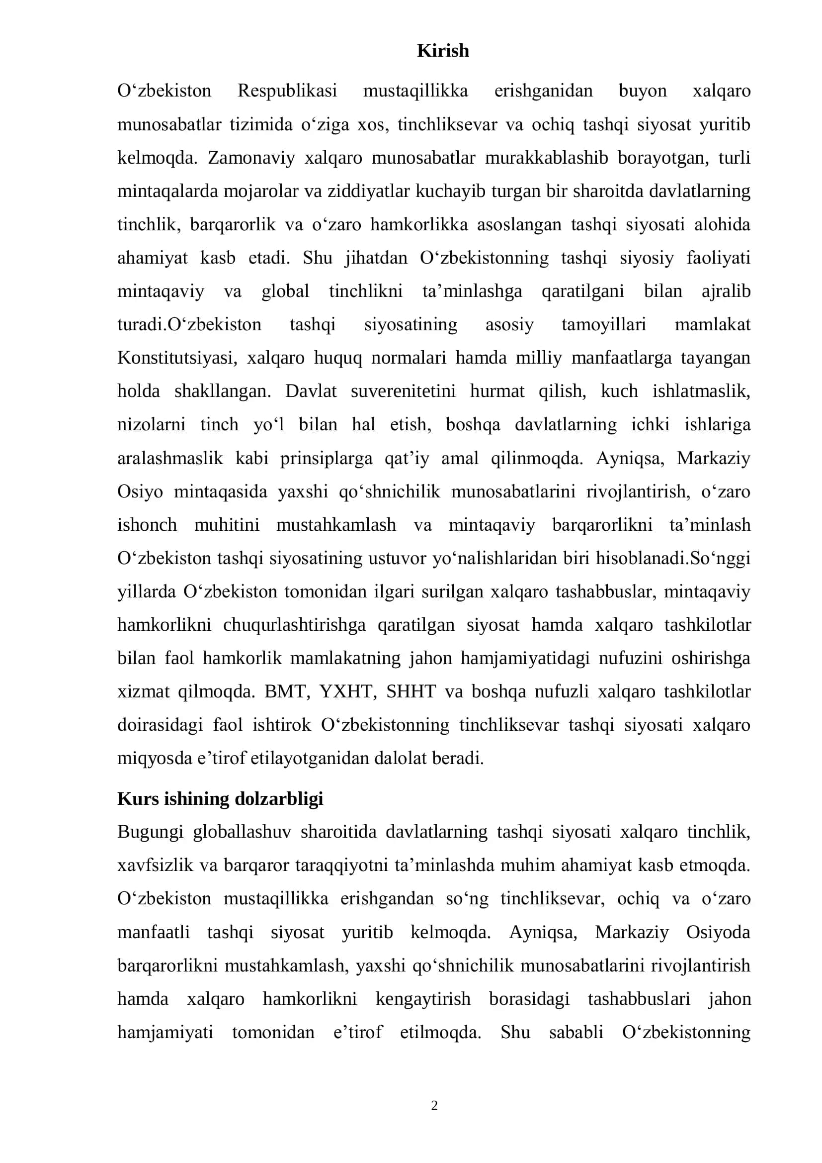 Oʻzbekistonning Tinchliksevar Tashqi Siyosati 2