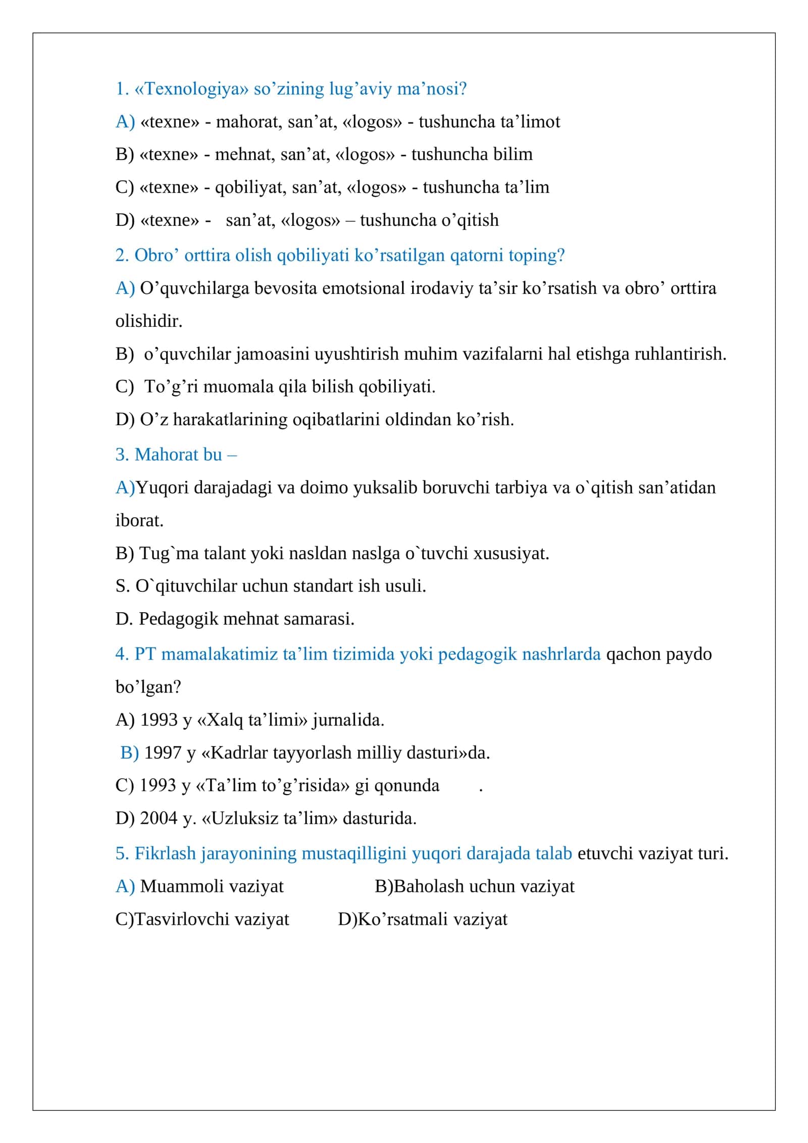 PEDOGOGIK-MAXORATDAN 400 TA TEST VA UNING JAVOBLARI 2