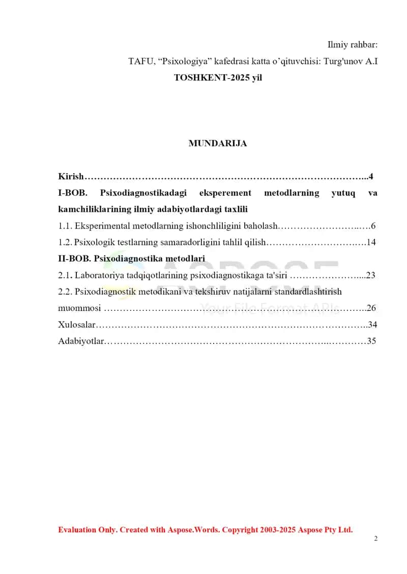 "Psixodiagnostikadagi eksperement metodlarning yutuq va kamchiliklari" 2