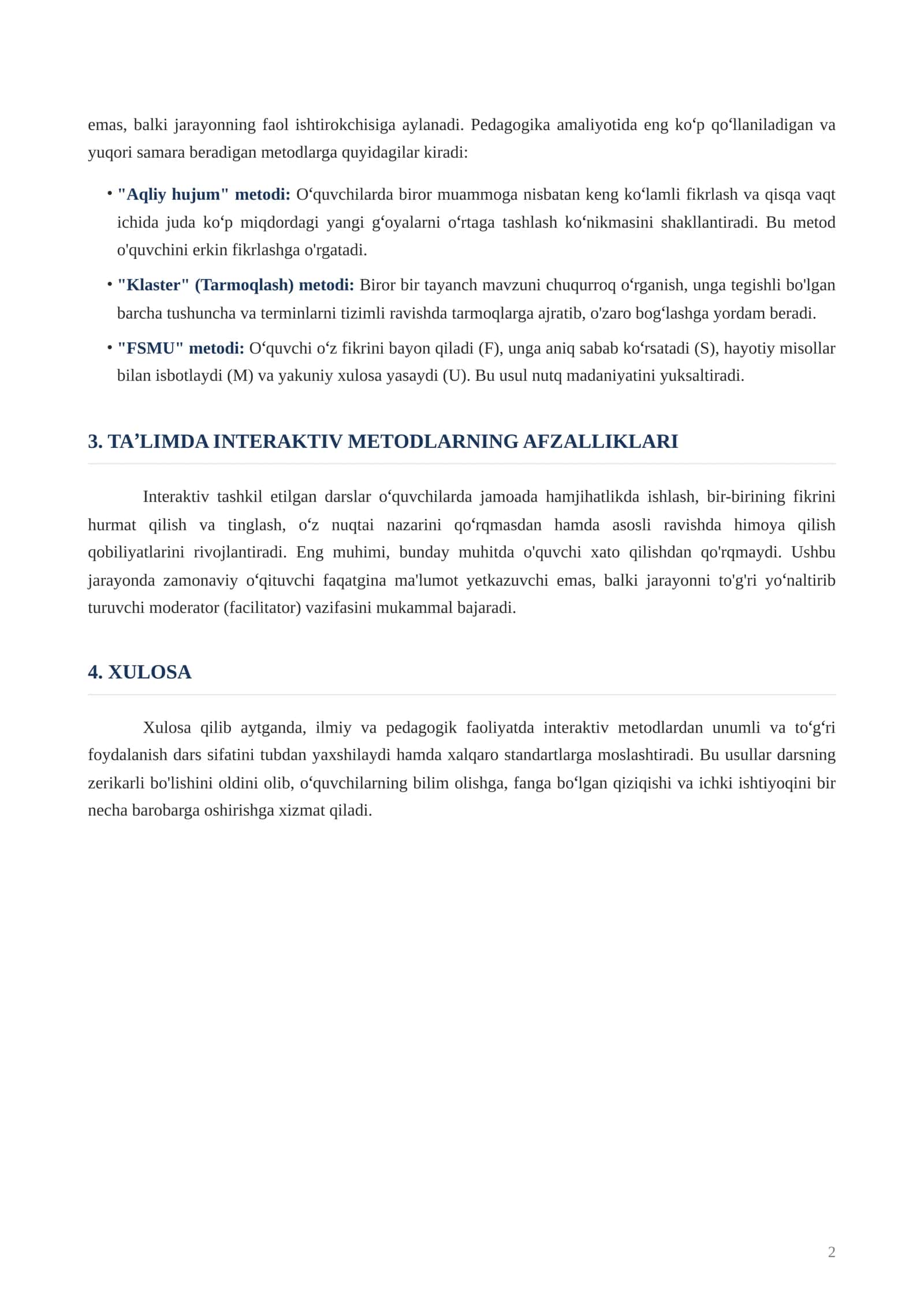 "Pedagogikada zamonaviy interaktiv metodlar" mavzusidagi tayyor referat (ilmiy ish) rejasi va uning matni. 2
