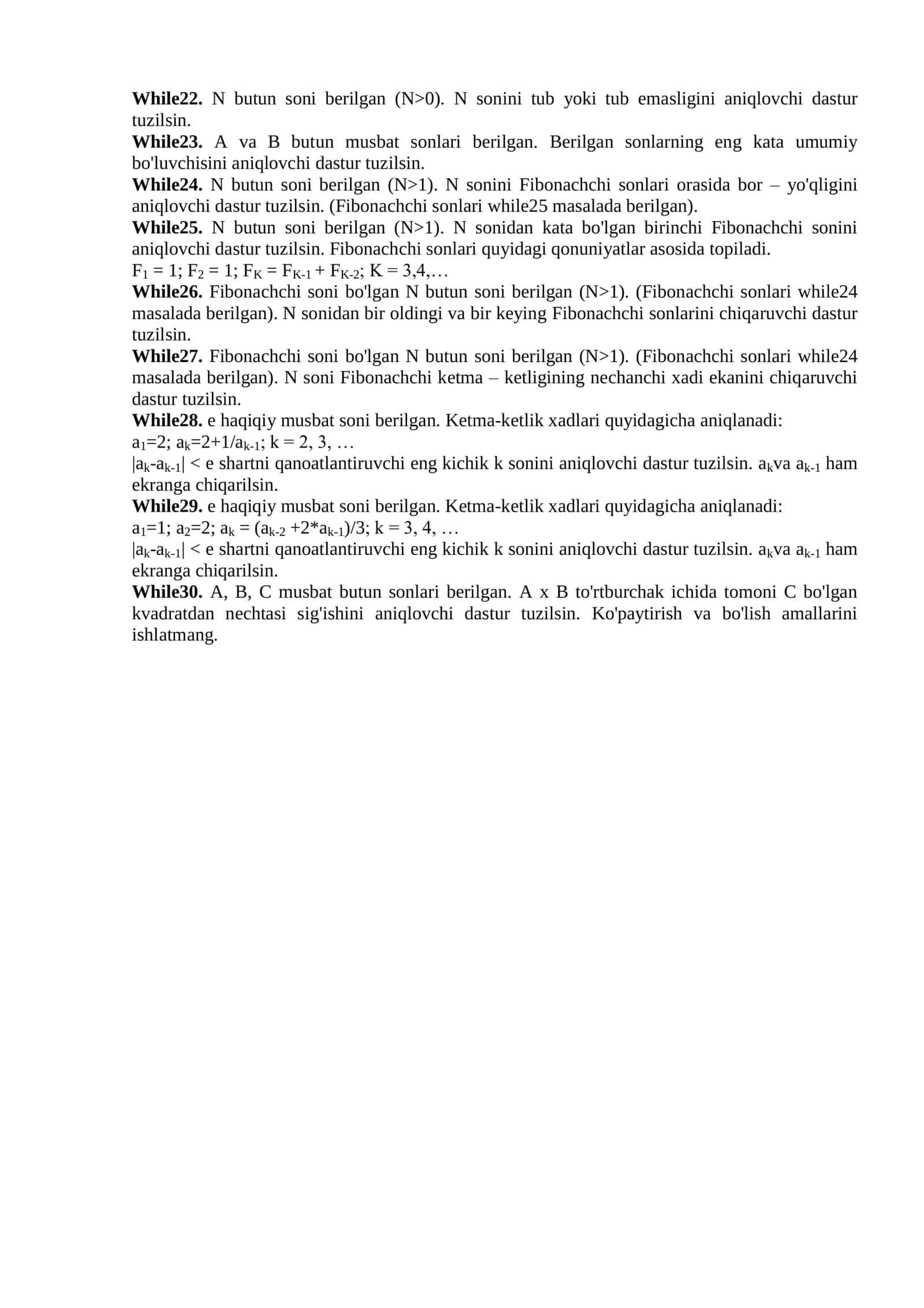 While1. A va B butun musbat sonlari berilgan(A > B). A uzunlikdagi kesmada maksimal darajada B kesma joylashtirilgan. A kesmaning bo'sh qismini aniqlovchi programma tuzilsin. Ko'paytirish va bo'lish amallarini ishlatmang 2