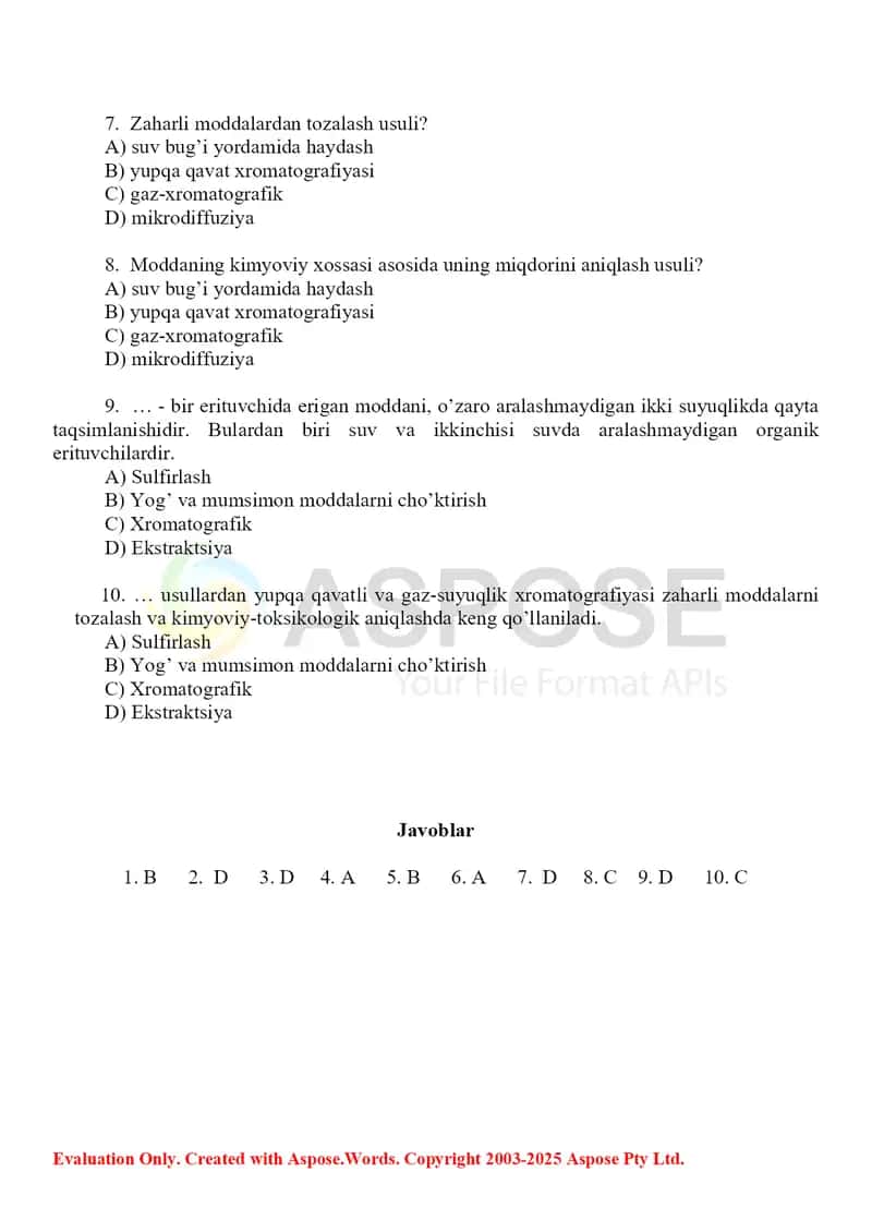 13. Ob'yektlardan ajratib olingan moddalarni ajratib olish usullari. Test, 10 ta. 2