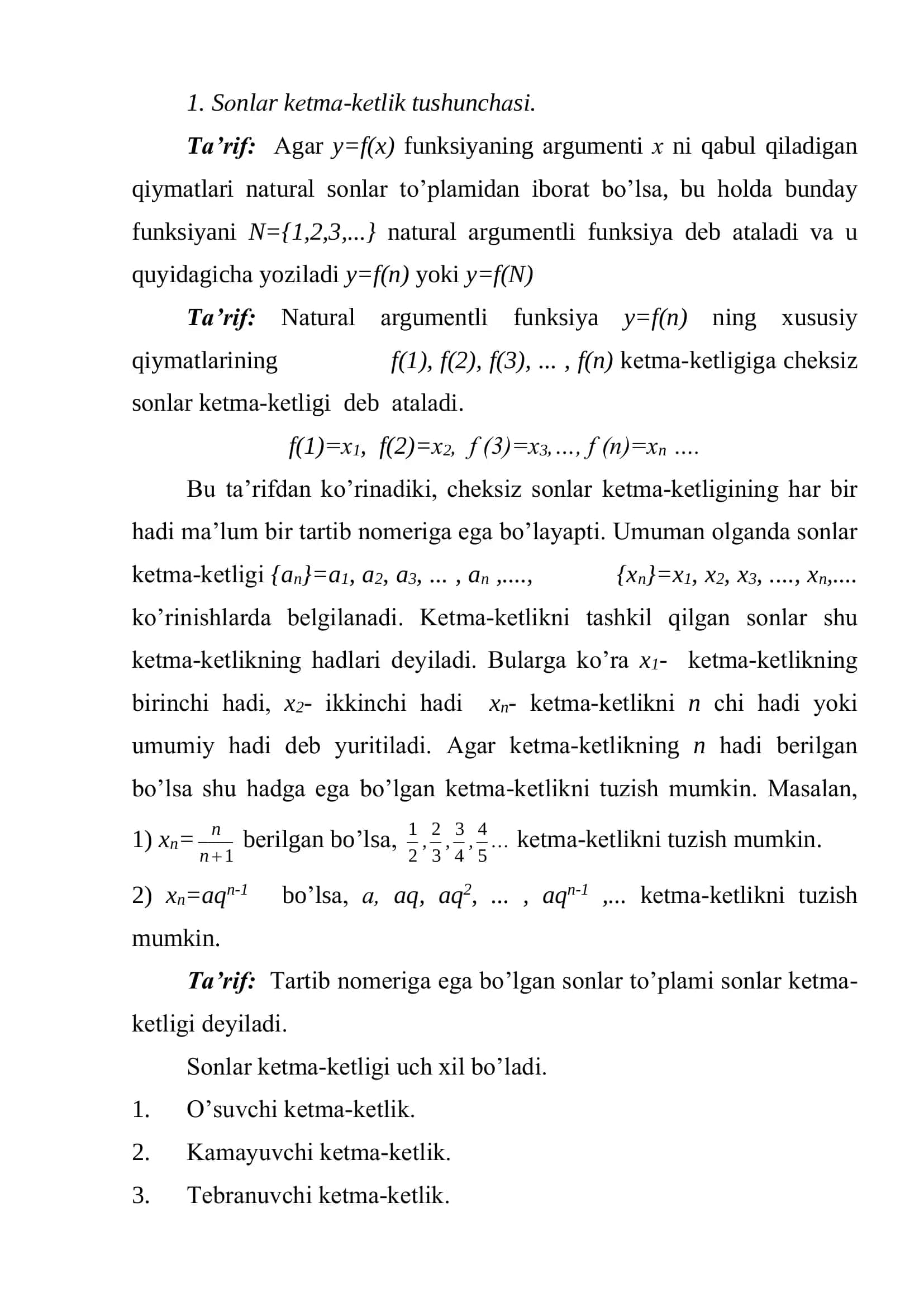Sonli ketma-ketliklar va ularning limiti. Cheksiz kichik miqdorlar. Cheksiz katta miqdorlar. 2