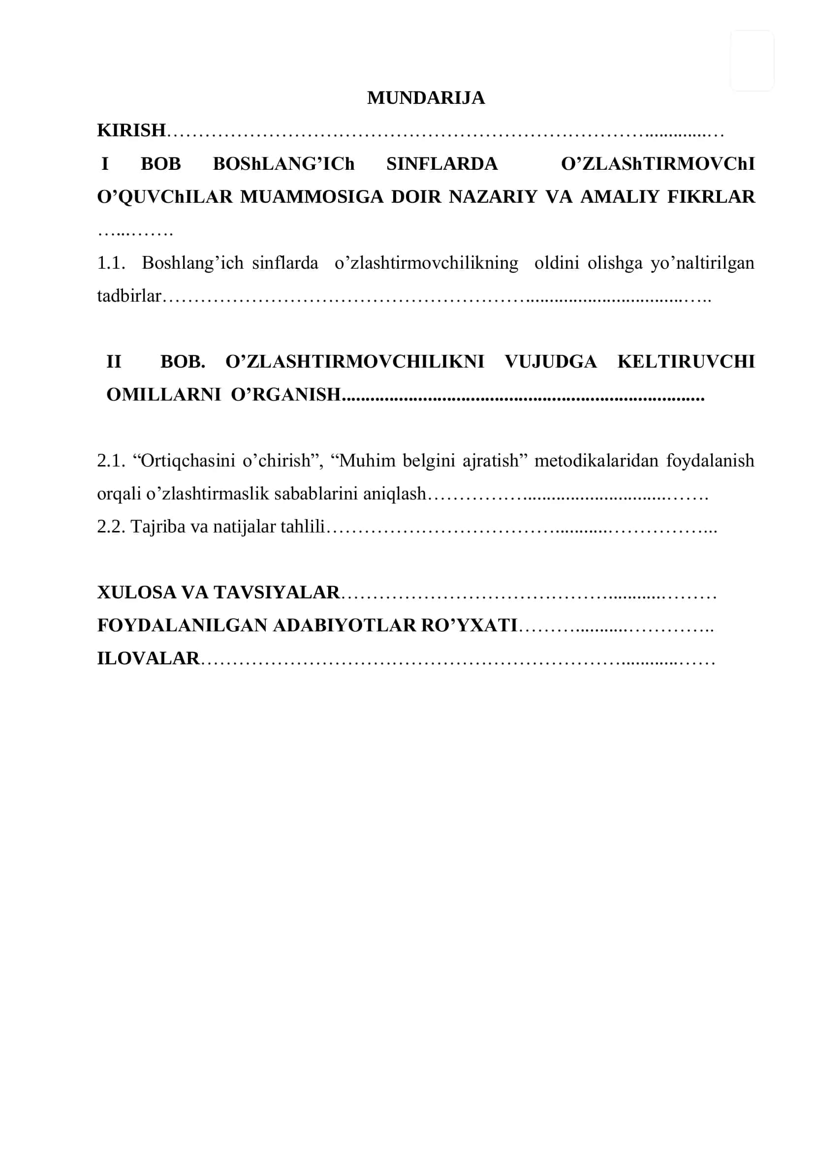 "Boshlang’ich sinflarda o’zlashtirmovchilikni yuzaga keltiruvchi omillar" Bitiruv Malakaviy Ishi 2