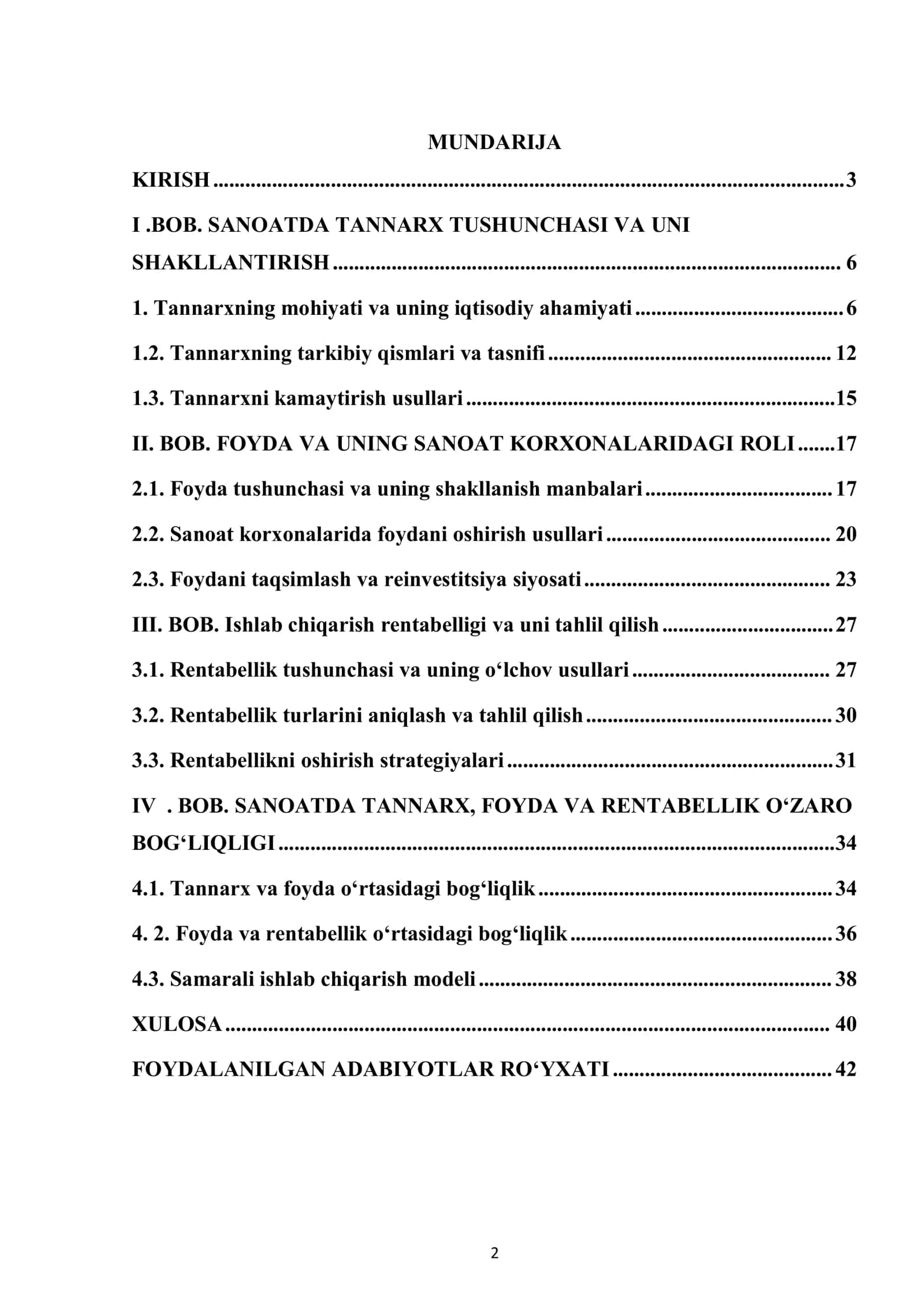 “SANOATDA TANNARX, FOYDA VA ISHLAB CHIQARISH RENTABELLIGI” KURS ISHI 2
