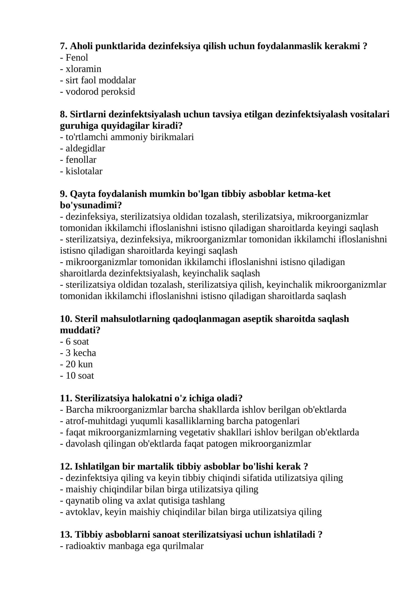 Dezinfektologiya mutaxassisligi bo'yicha shakllantirilgan test savollari ro'yxati 2026 2