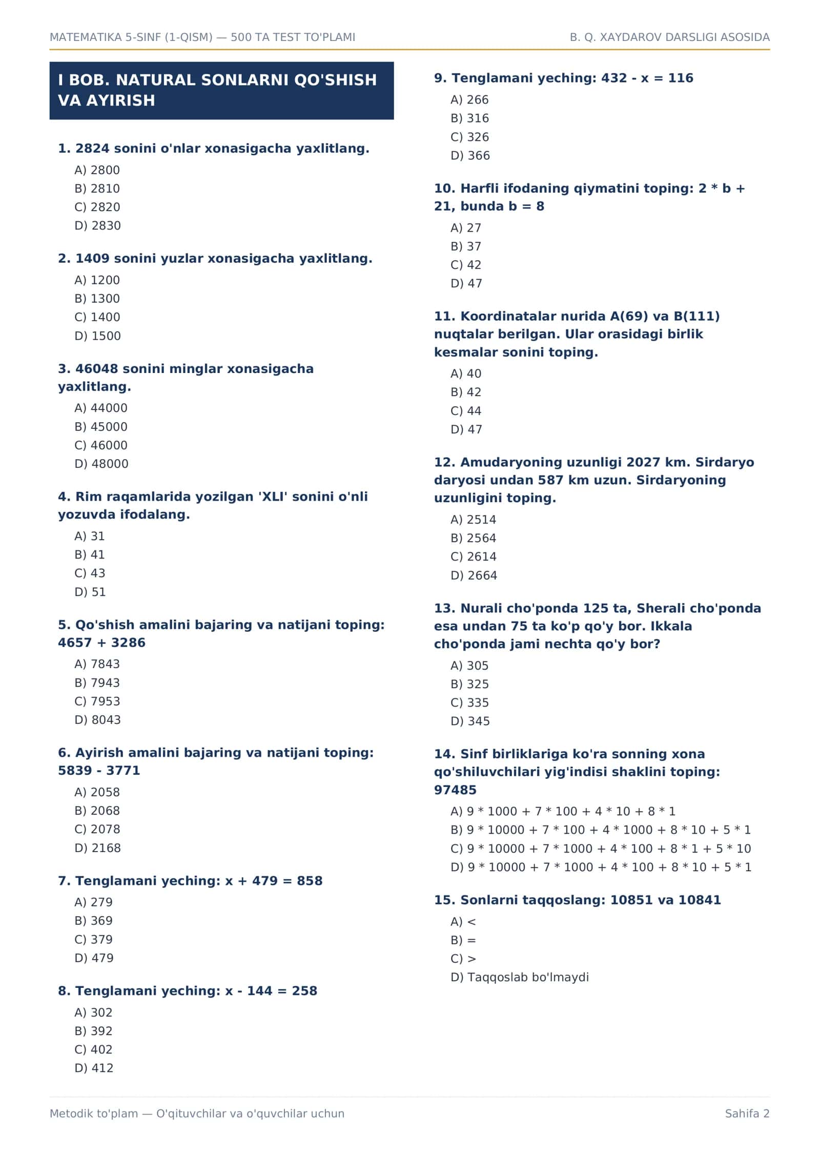 5-SINF MATEMATIKA 1-QISM — 500 TA TEST | JAVOBLARI BILAN | PDF 2