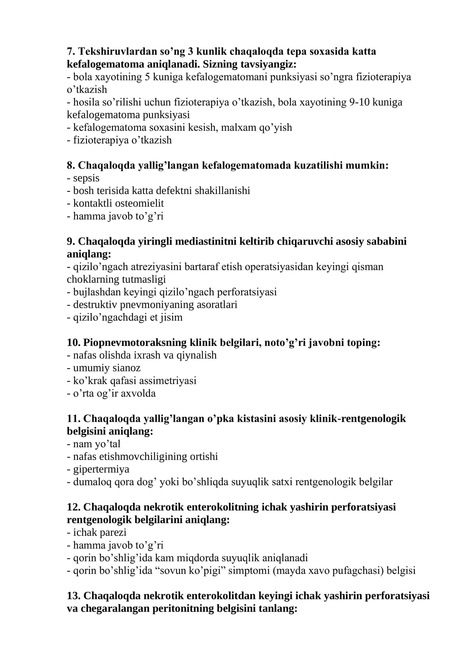 Neonatal xirurgiya mutaxassisligi bo’yicha shakllantirilgan test savollari ro’yxati 2026 2