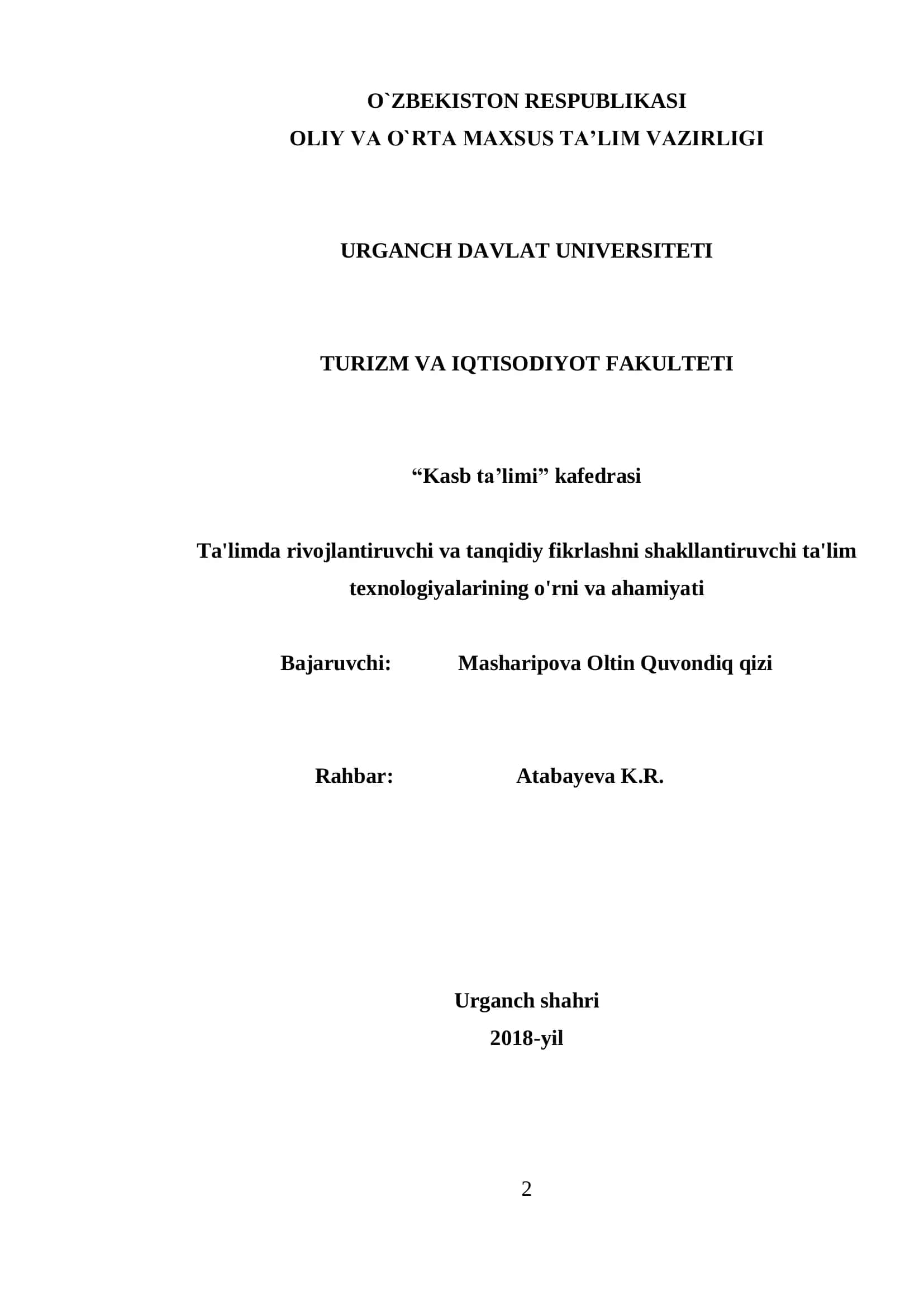 Ta'limda rivojlantiruvchi va tanqidiy fikrlashni shakllantiruvchi ta'lim texnologiyalarining o'rni v 2