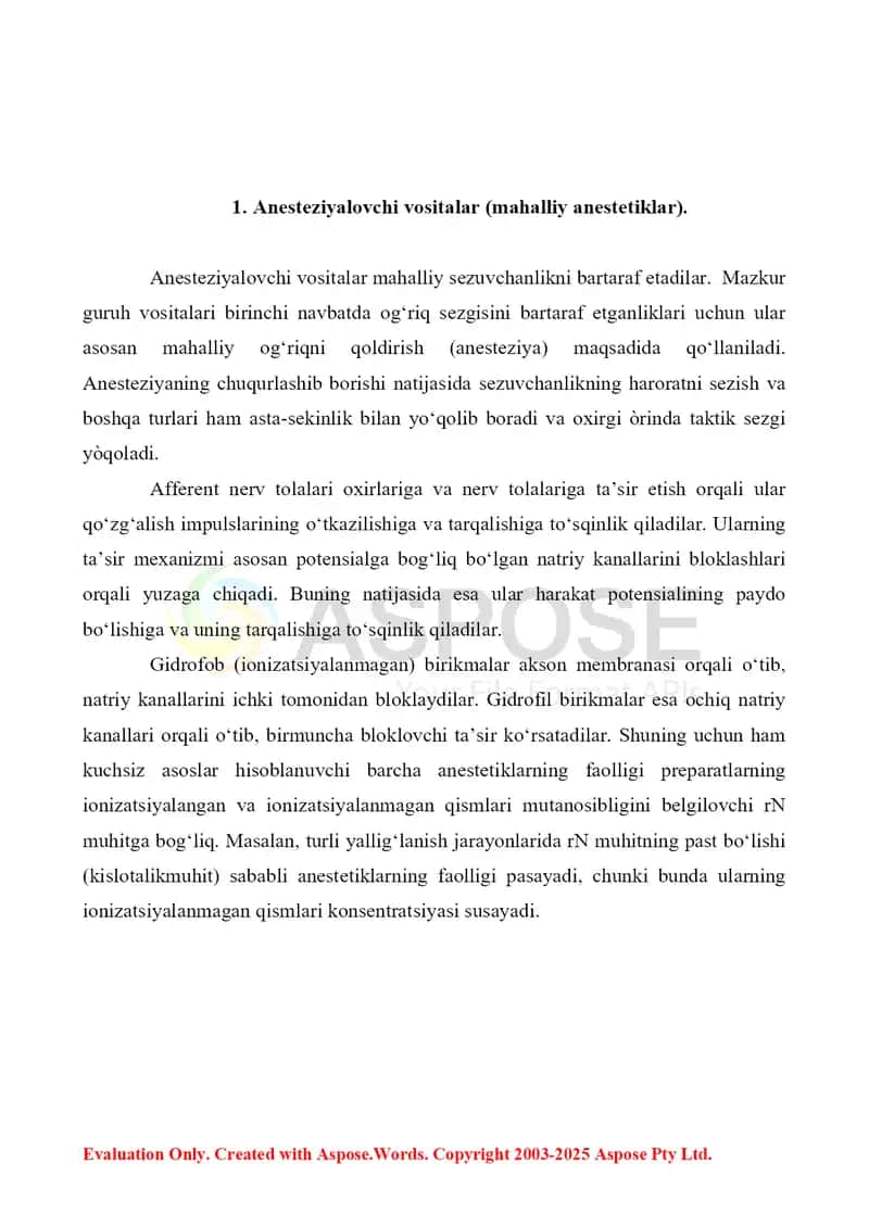 Mahalliy anestetiklar. Balg'am ko'chiruvchi dori vositalari. Referat 7 bet. 2