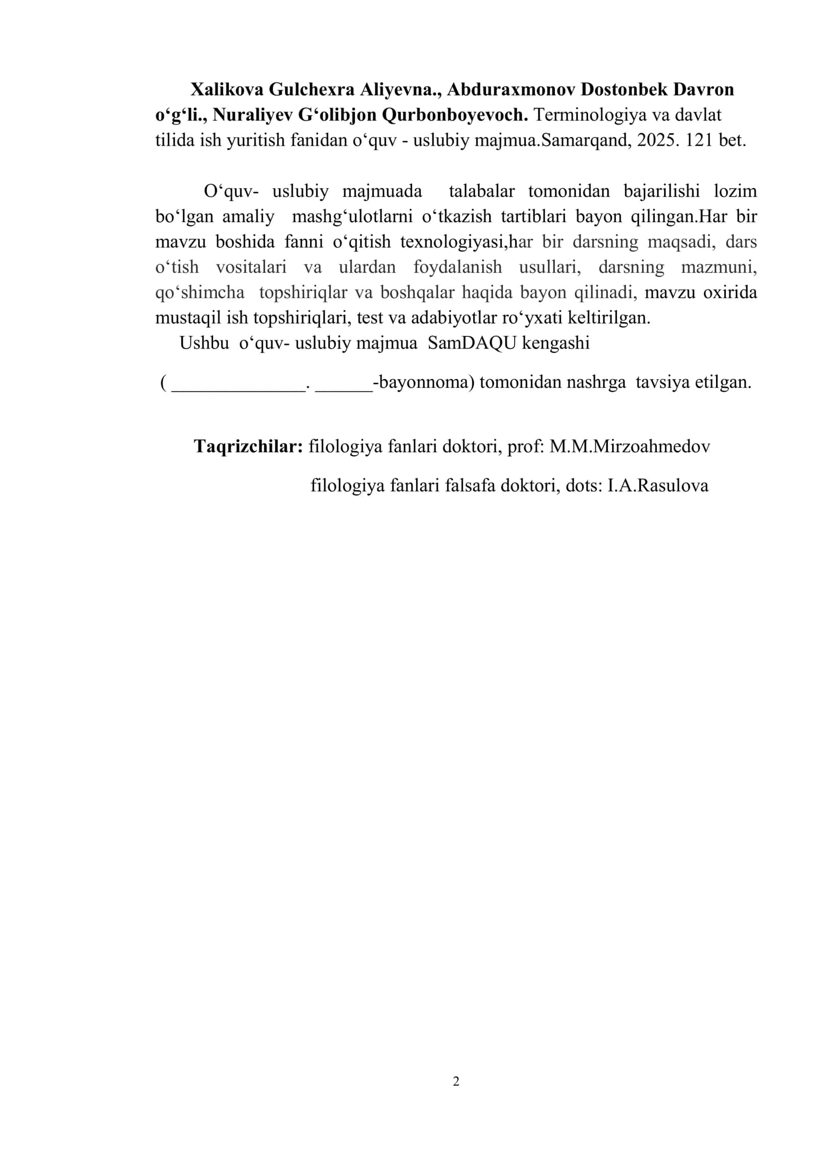 O‘quv- uslubiy majmuada talabalar tomonidan bajarilishi lozim bo‘lgan amaliy mashg‘ulotlarni o‘tkazish tartiblari bay 2
