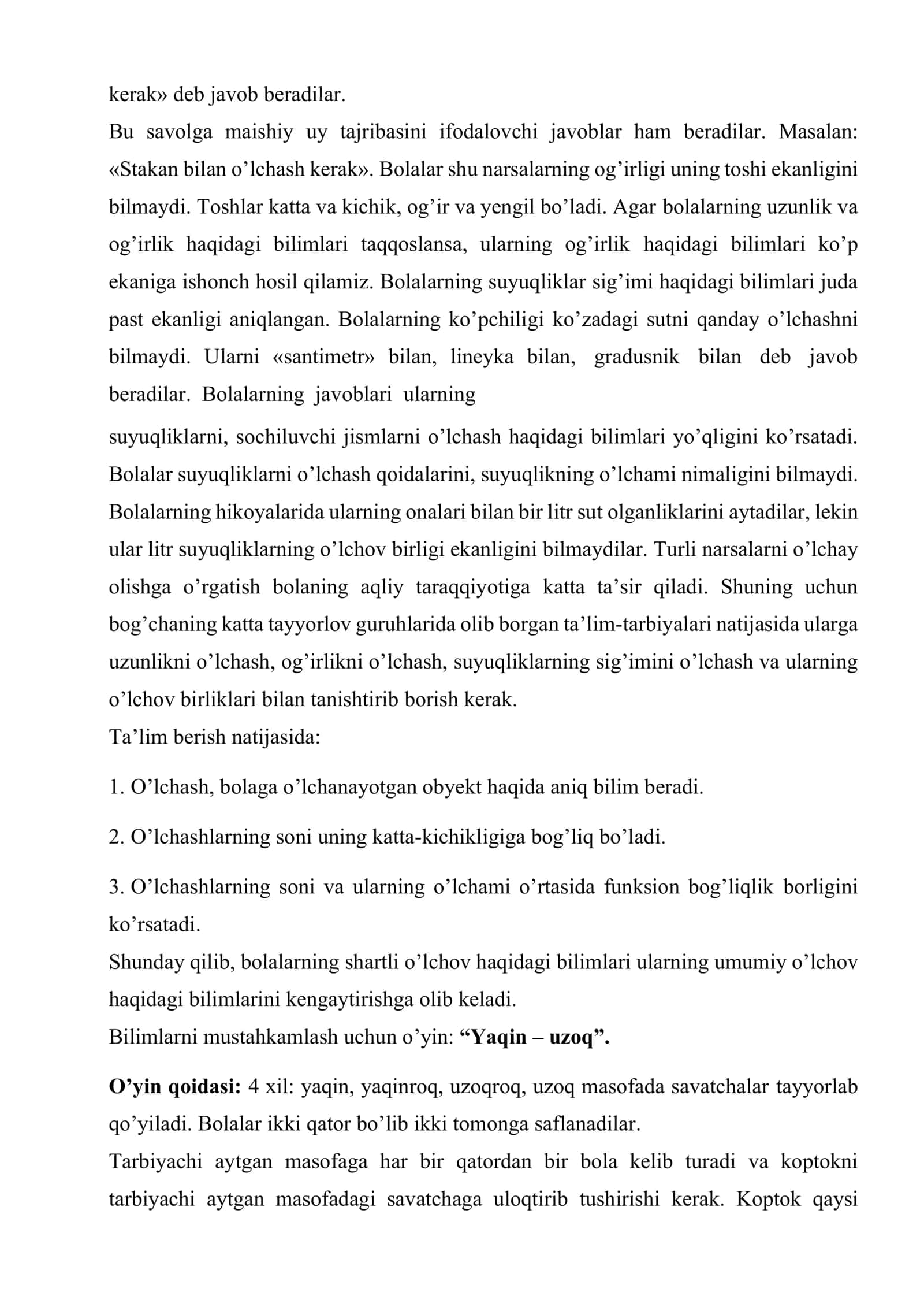 Bolalarda shartlı o’lchov yordamıda turlı o’lchamlarnı o’lchash haqıdagı tasavvurlarnı shakllantırısh 2