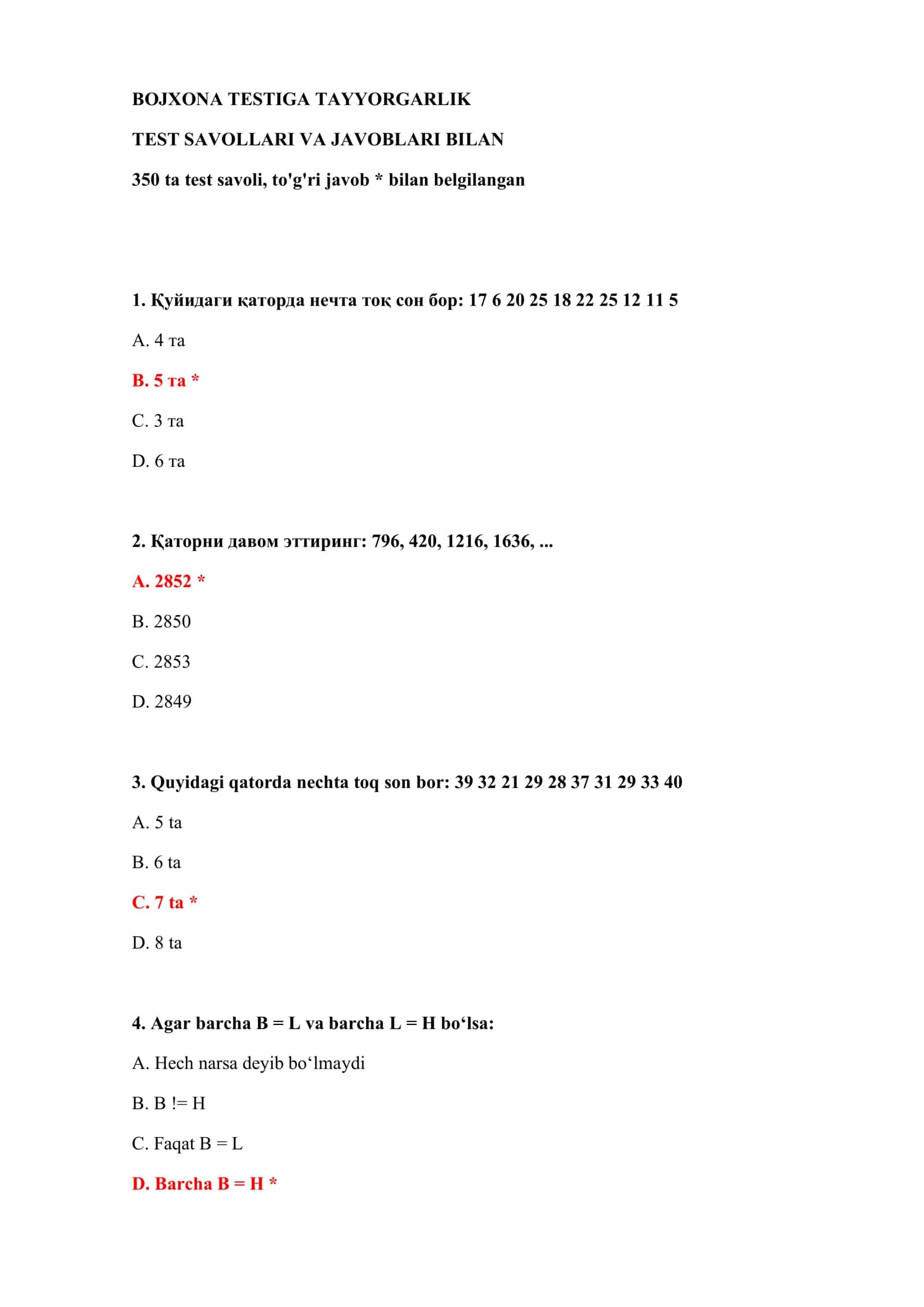 BOJXONA TESTIGA TAYYORGARLIK TEST SAVOLLARI VA JAVOBLARI BILAN 2