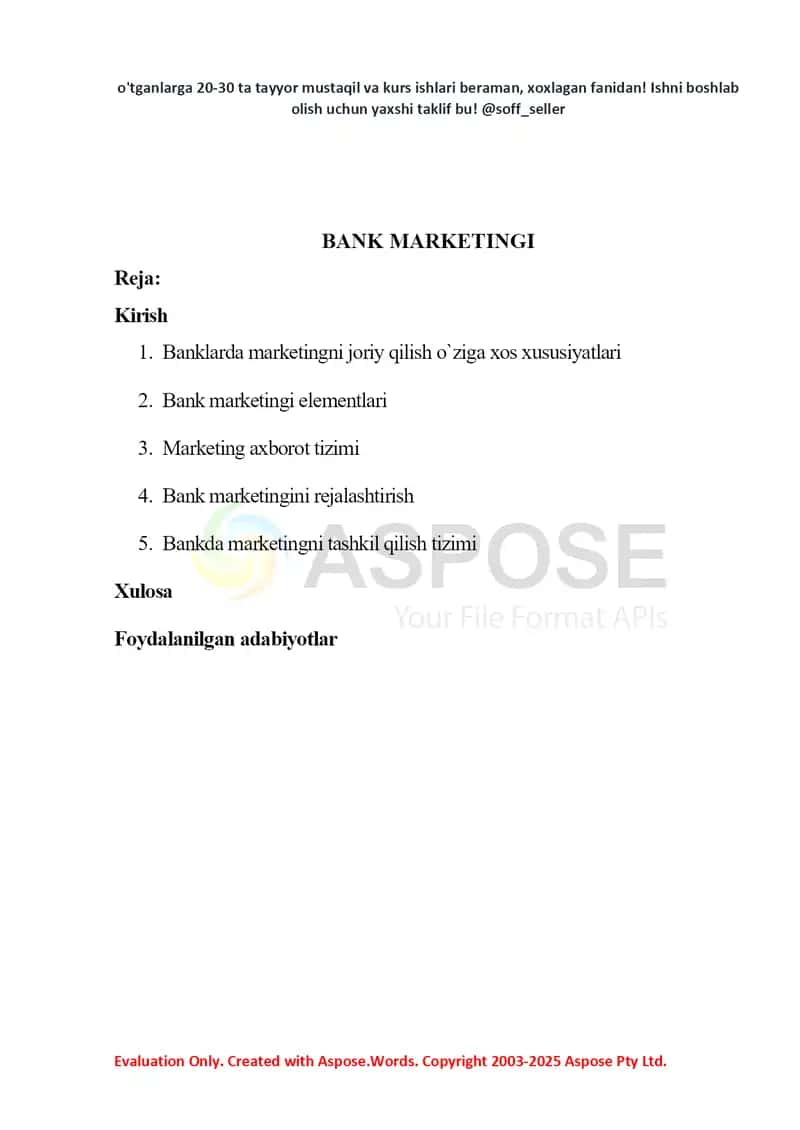 Kurs ishi: Bank marketingi 2