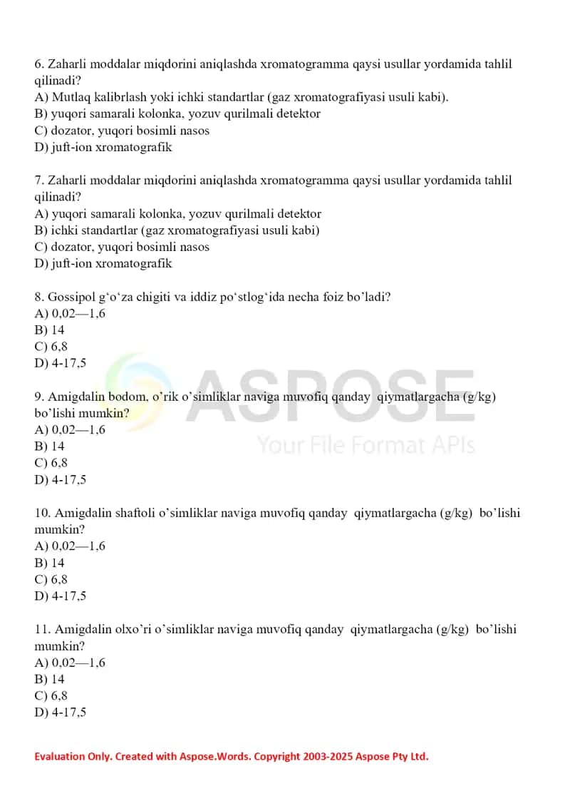 5. Zaharli moddalarning tahlilida YUSSX usulini qo'llash. Test 15 ta 2