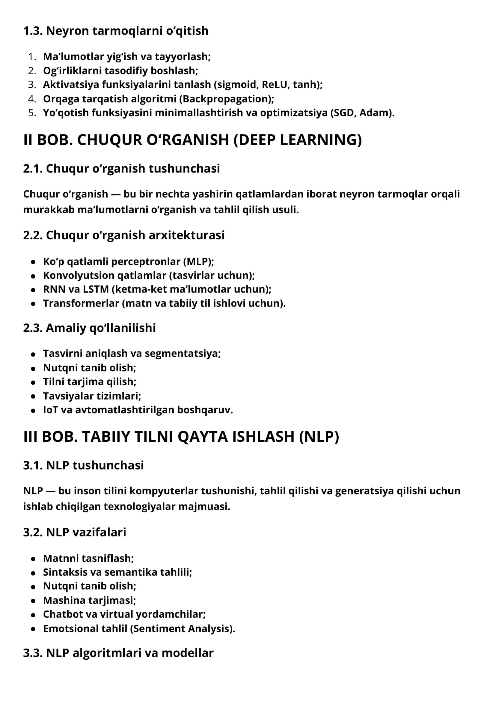 NEYRON TARMOQLAR VA CHUQUR O‘RGANISH TABIIY TILNI QAYTA ISHLASH (NLP) 2