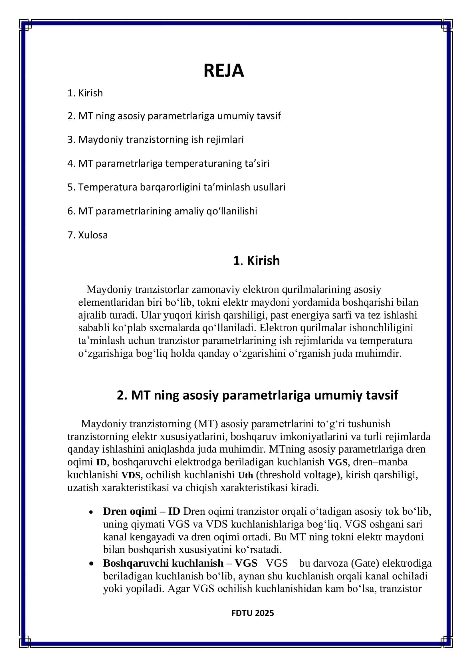 refarat elektronika fanidan Maydon transistoring parametrlarining ish rejimi va temperaturaga bog‘liqligi. 2