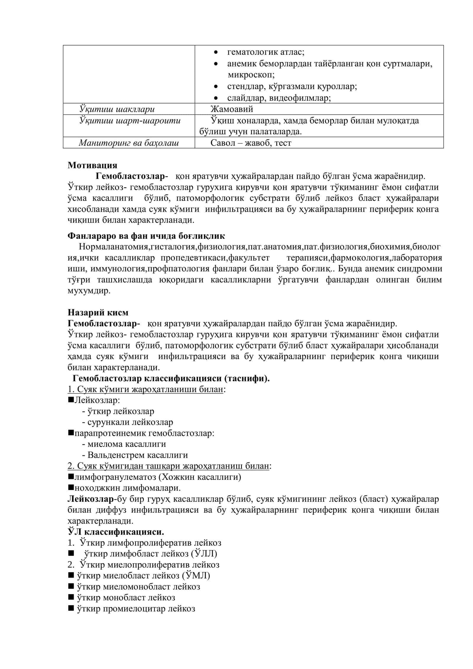 Ўткир лейкозлар. Таьлимнинг техналогик модели 2