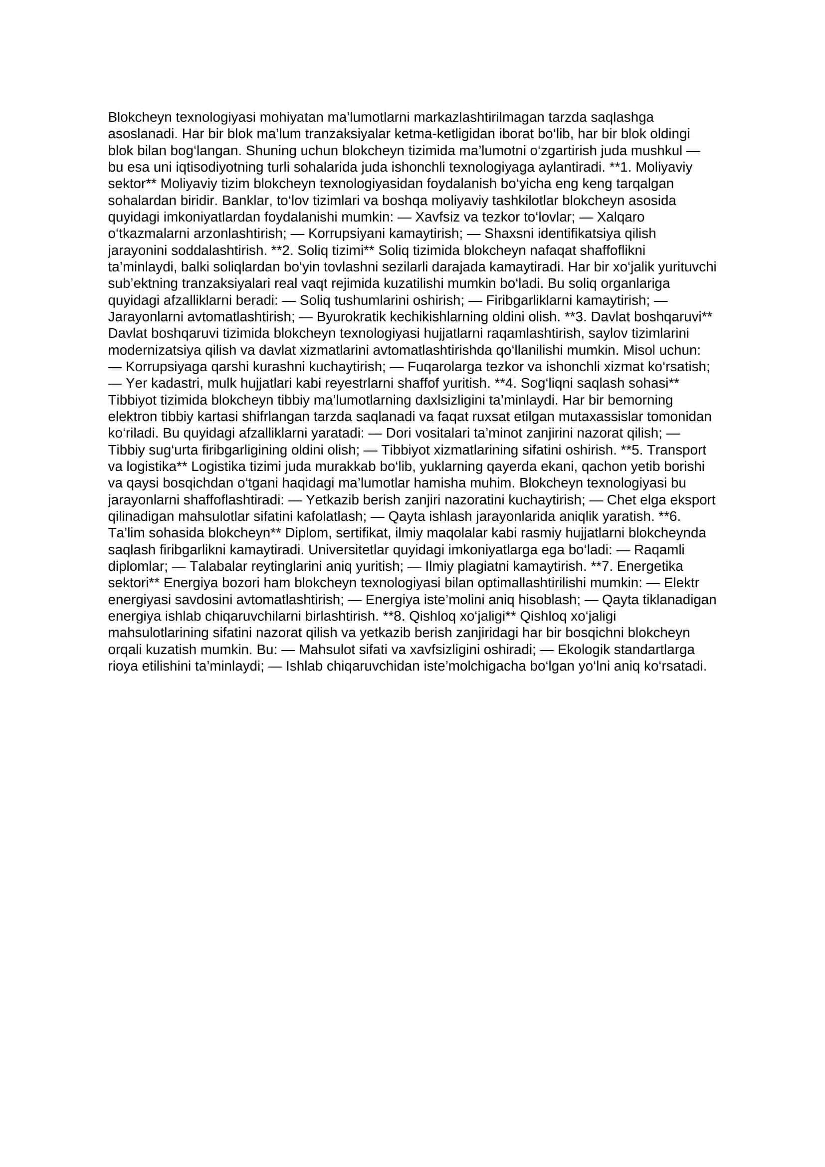 Milliy iqtisodiyotning turli sohalarida blokcheyn texnologiyasidan foydalanish yo‘llari 2