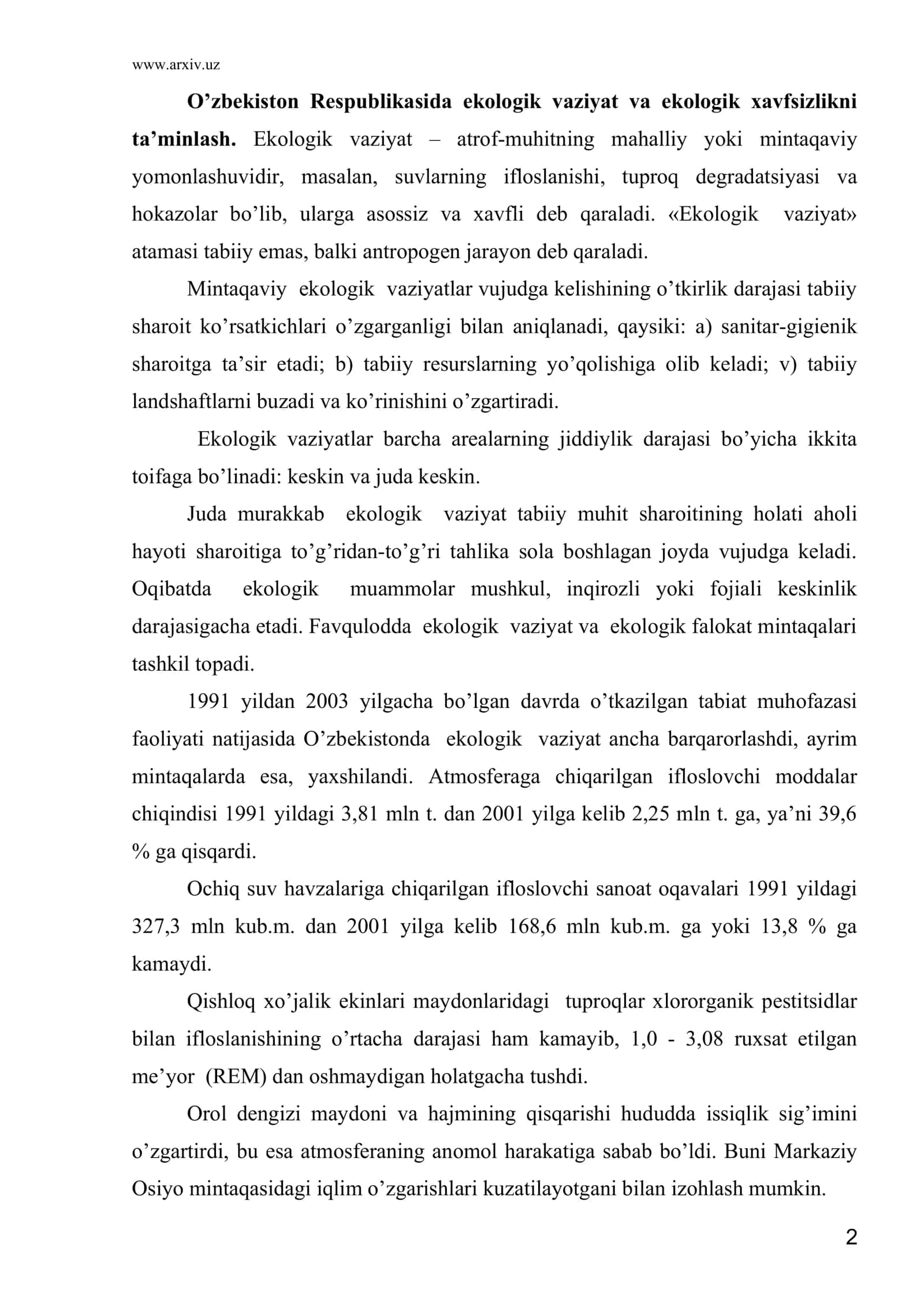 O’zbеkistоn Rеspublikаsidа ekоlоgik vаziyat vа ekоlоgik хаvfsizlikni tа’minlаsh 2