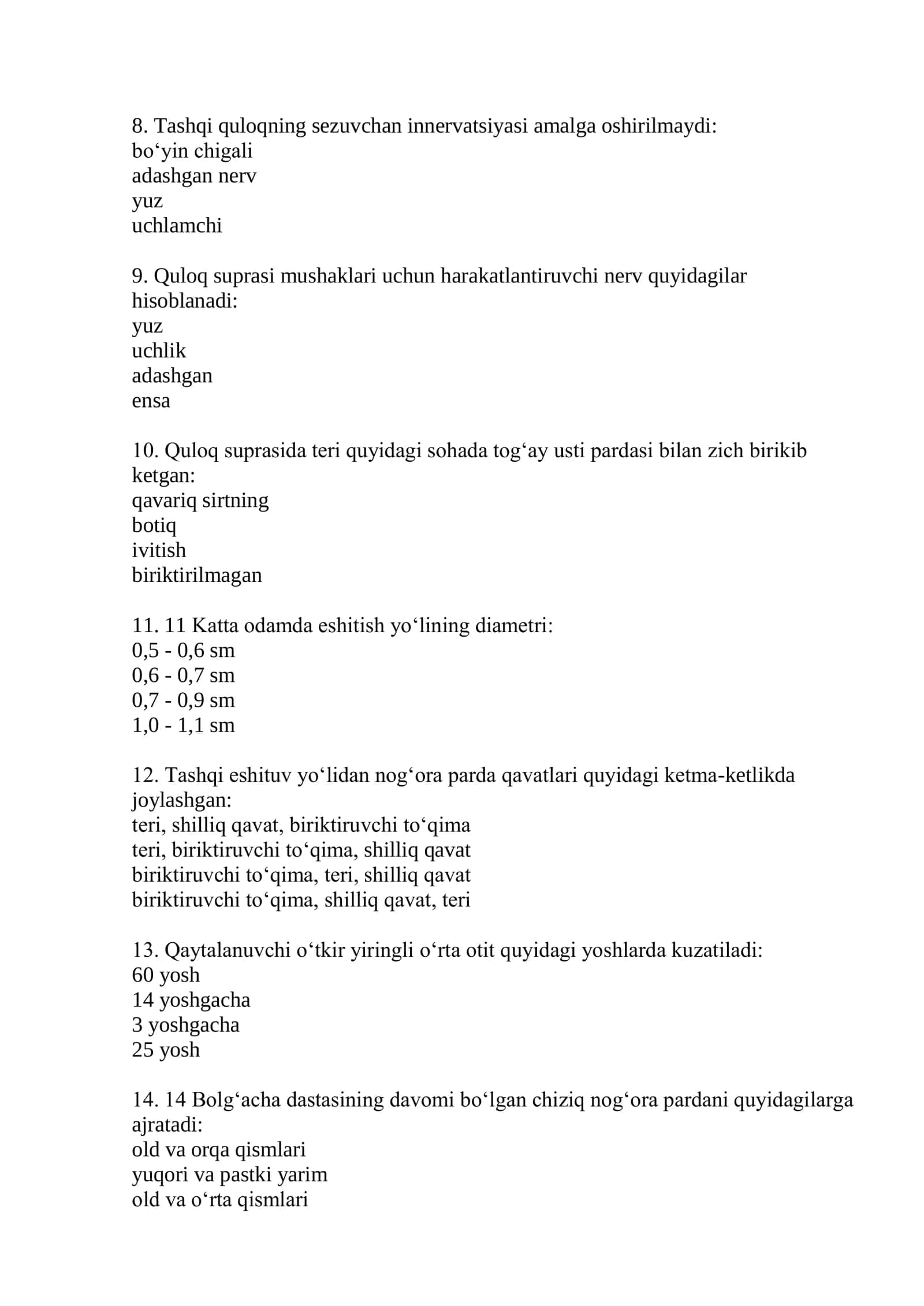 Surdologiya mutaxassisligi boʻyicha shakllantirilgan test savollari roʻyxati 2026 2