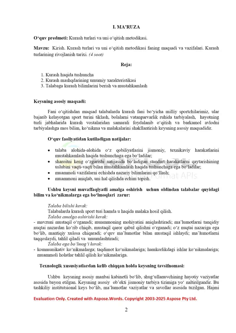 “Kurash turlari va uni o‘qitish metodikasi” fanidan o‘quv-uslubiy majmua 2