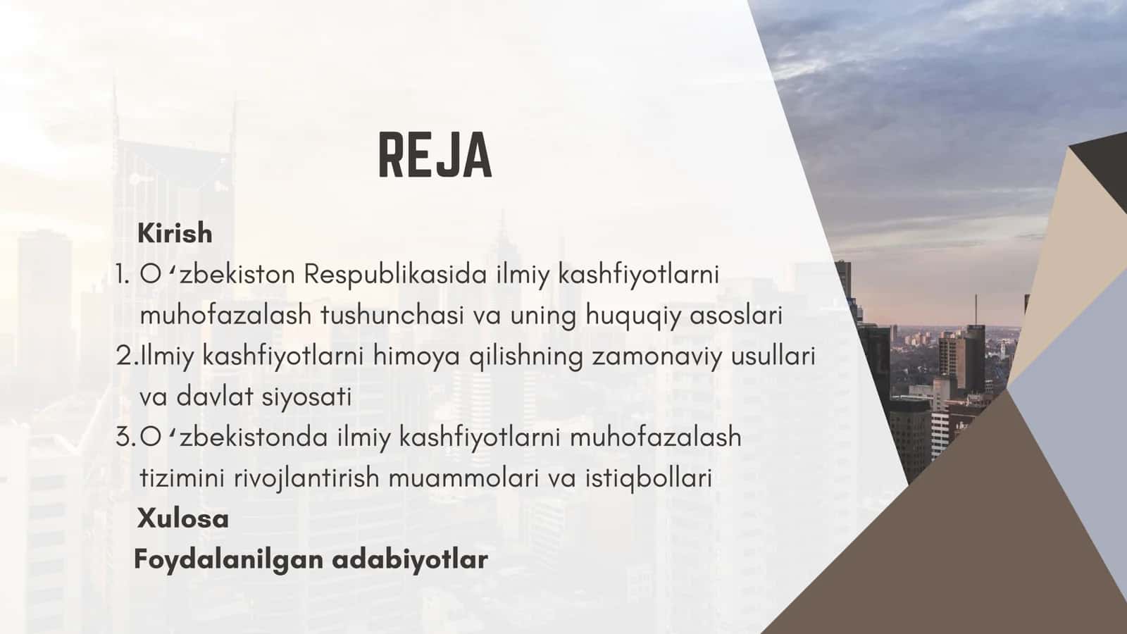 O'zbekiston Respublikasida ilmiy kashfiyotlarni muhofazalash yo'llari. 2