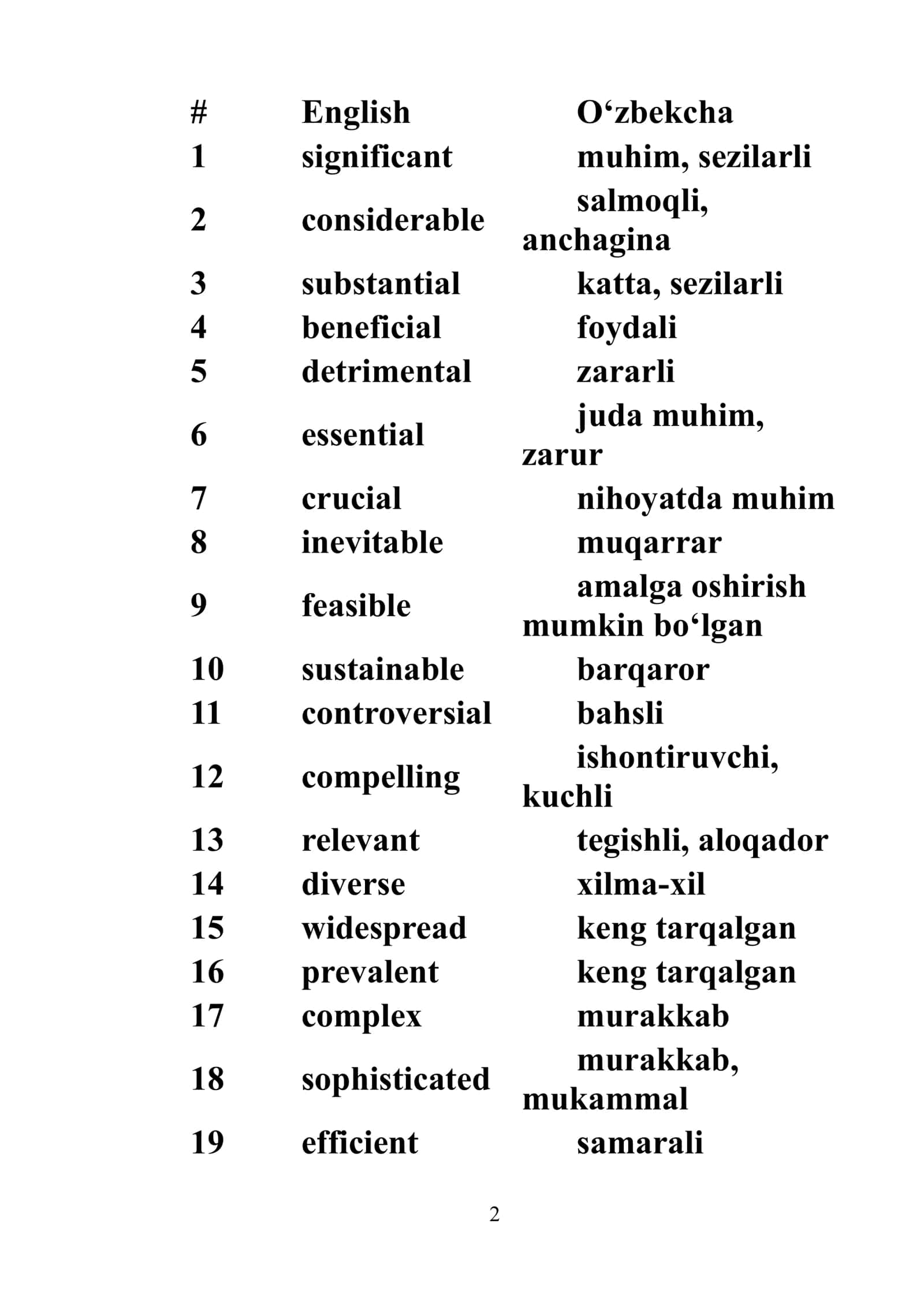 "CEFR" da eng ko'p ball beradigan so'zlar jadvali uzbekcha-inglizcha 2