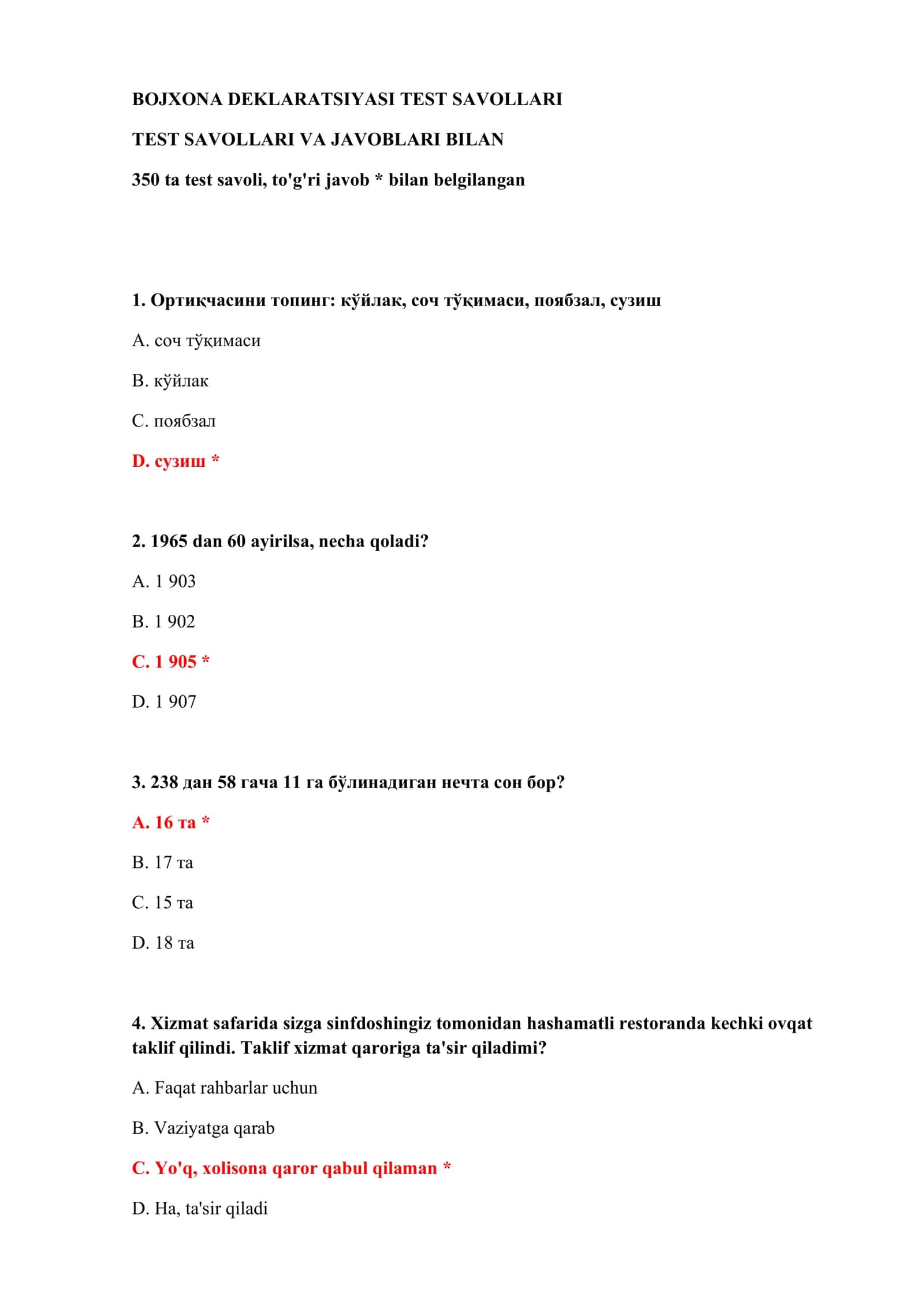 BOJXONA DEKLARATSIYASI TEST SAVOLLARI 2