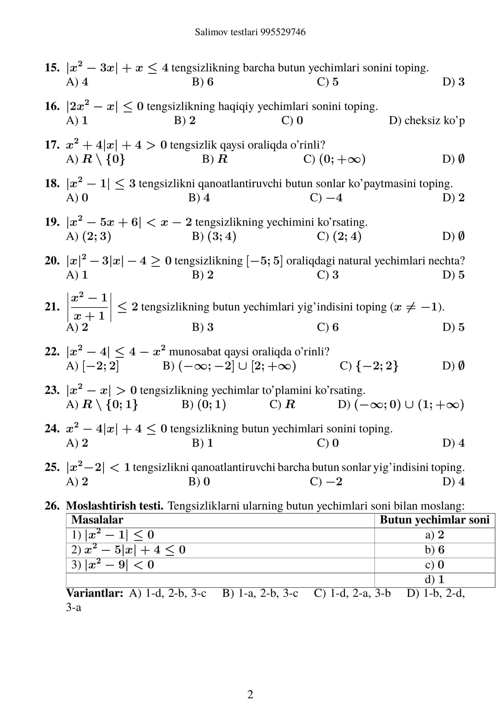Algebra: Nazorat Testi (8-sinf) – 1-Variant 2
