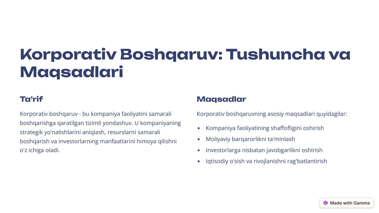 Korporativ  Boshqaruv fanining  predmeti va maqsadi. 2