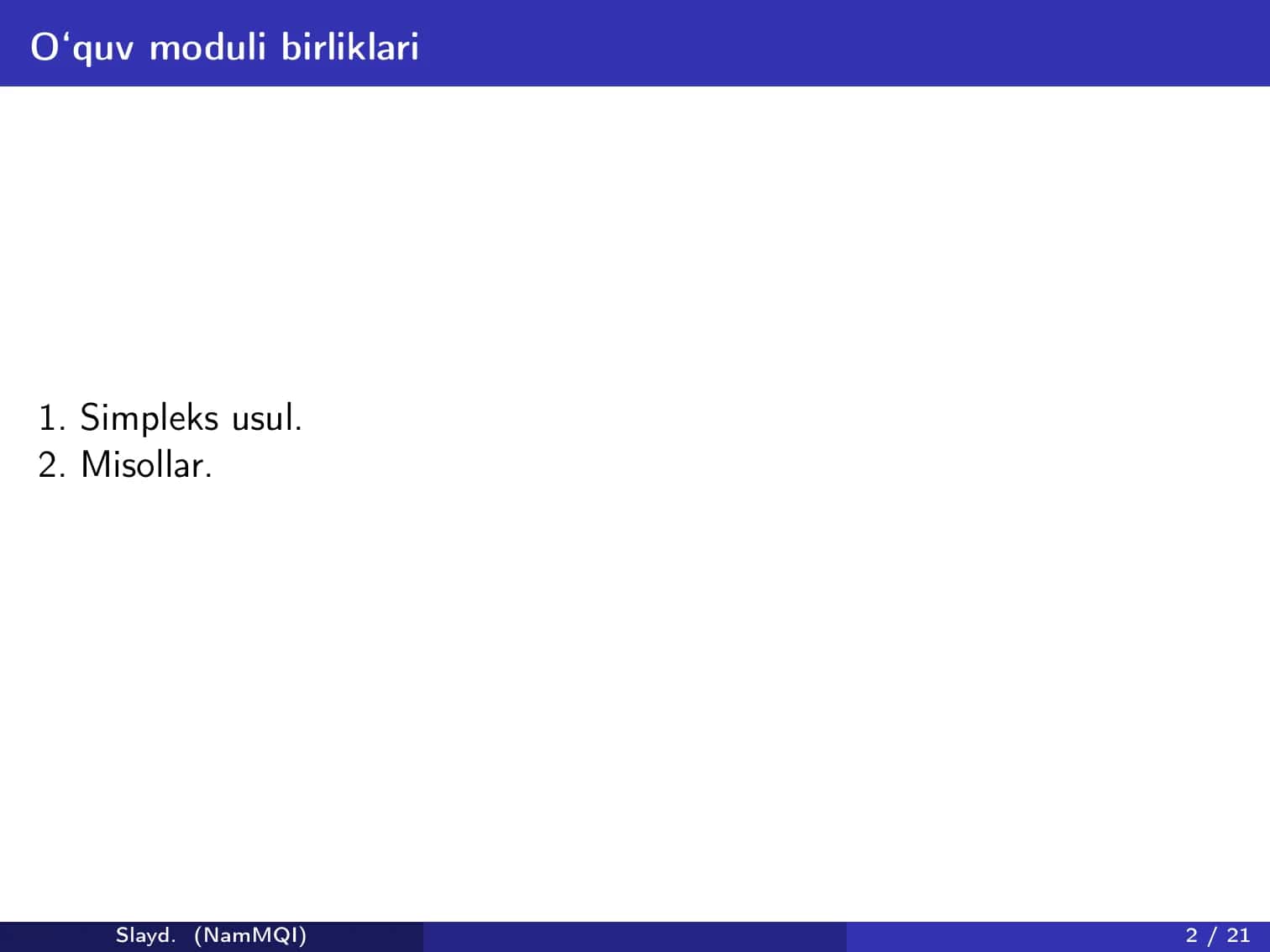 Chiziqli dasturlash masalasini simpleks usulda yechish 2