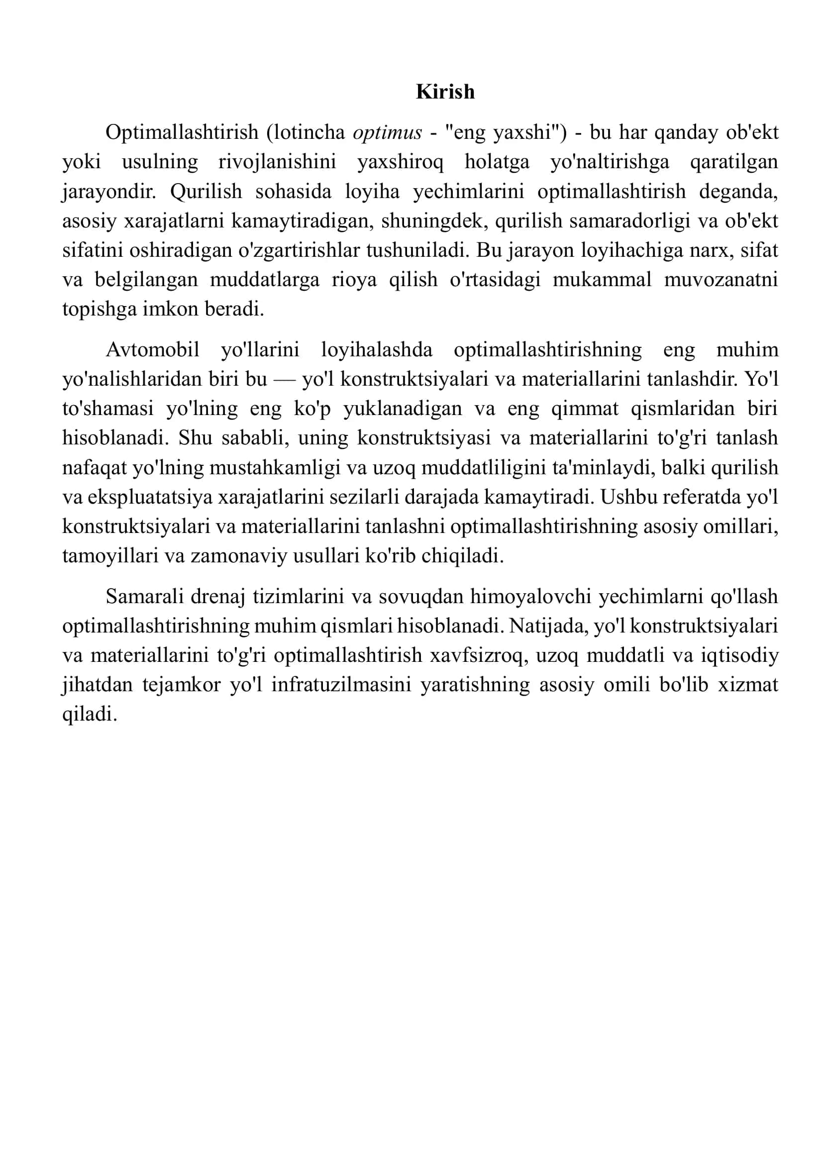 Avtomobil yo'llarini loyihalashda yo'l konstruktsiyalari va materiallarini tanlashni optimallashtirish 2