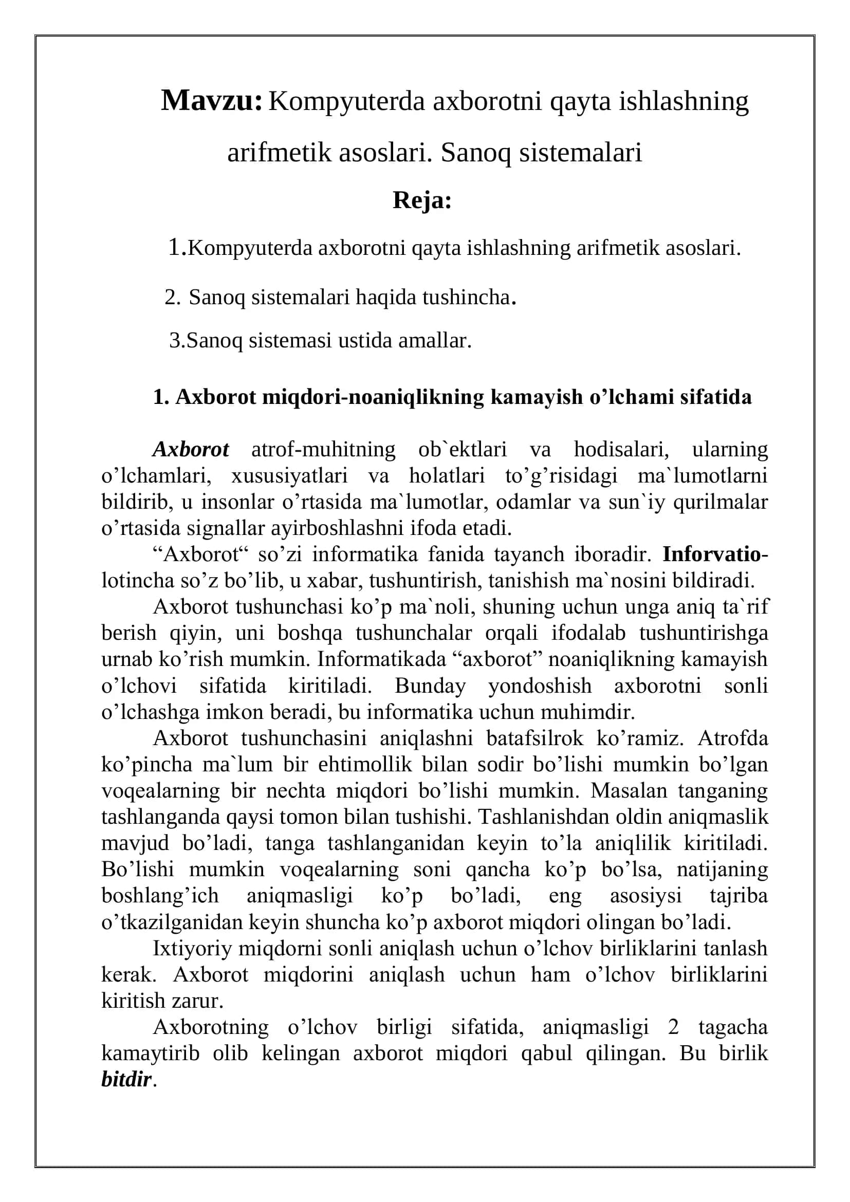 Kompyuterda axborotni qayta ishlashning arifmetik asoslari. Sanoq sistemalari 2