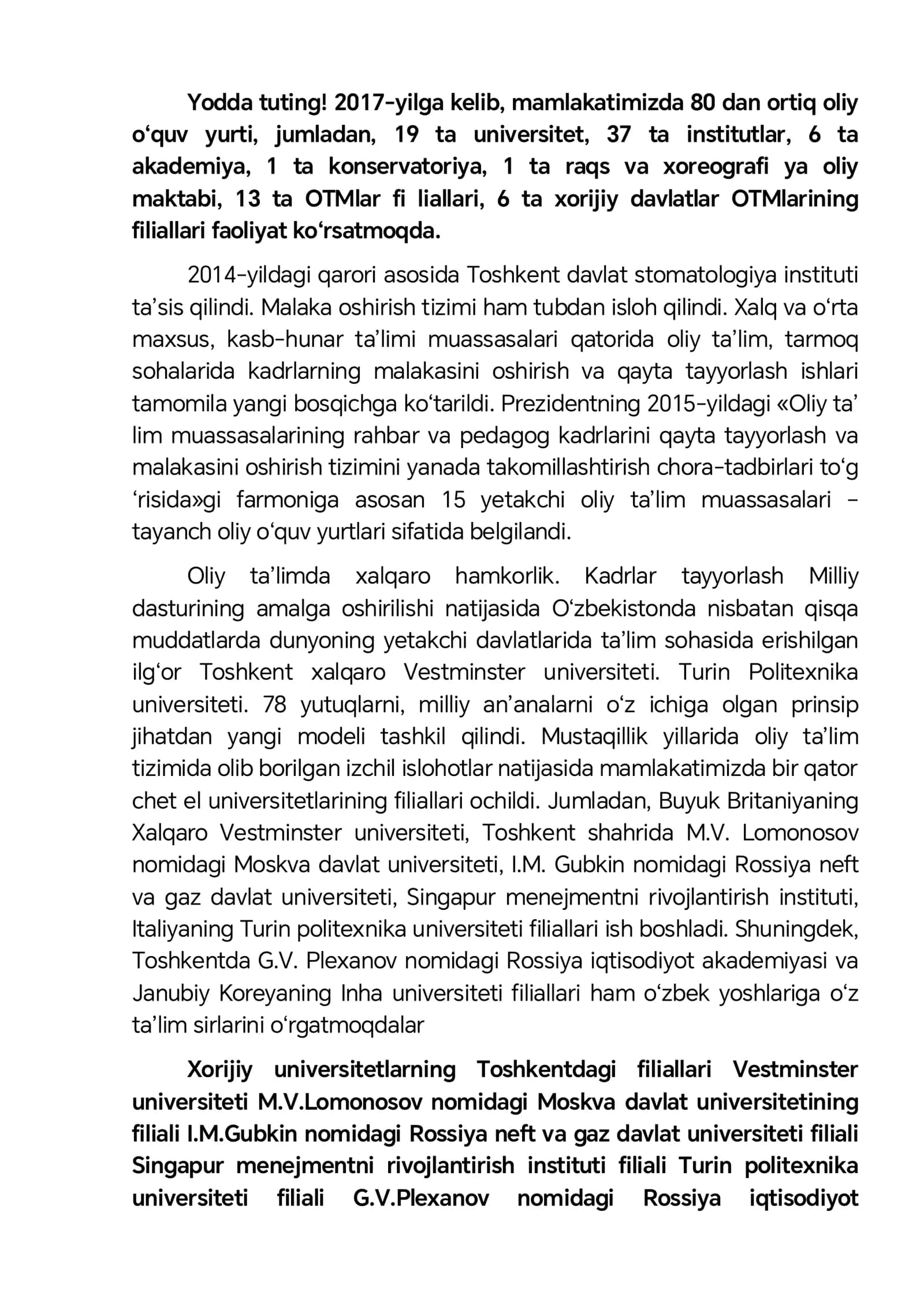 Oliy ta’lim va undan keyingi ta’limning takomillashtirilishi Oliy Ta’lim tizimi 2