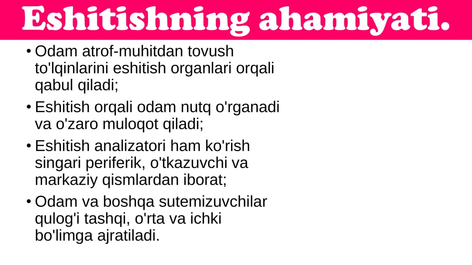 8-Sinf Biologiya: “Eshitish organlarining tuzilishi va eshitish gigiyenasi” Taqdimot 2
